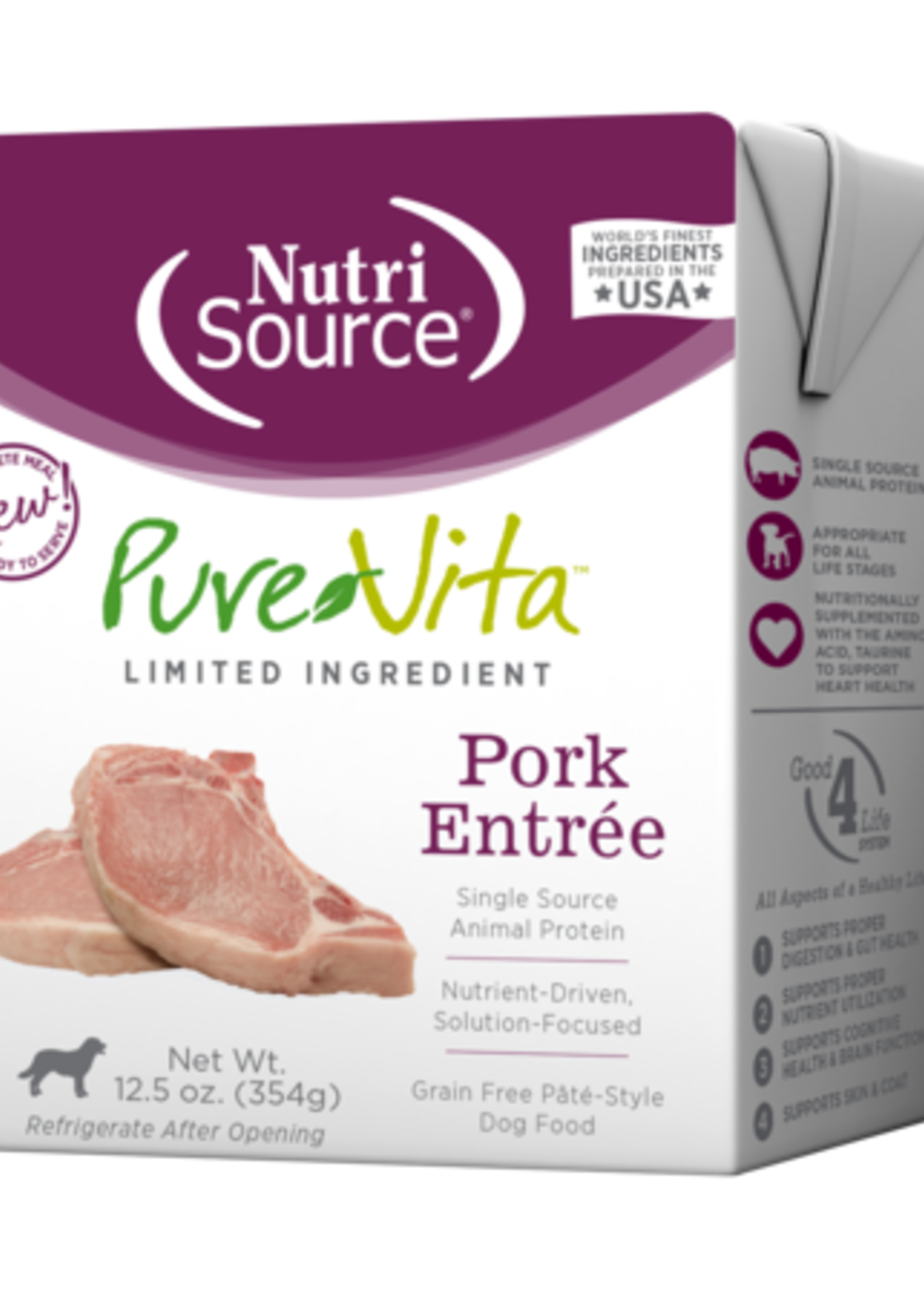 NutriSource Pure Vita Dog Tetrapak GF Pork Entree 12.5 oz 12/Case