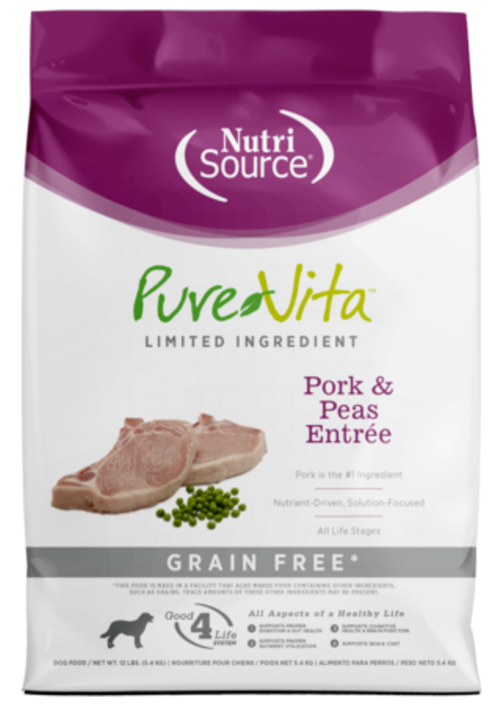 NutriSource Pure Vita Dog GF Pork & Peas 12#