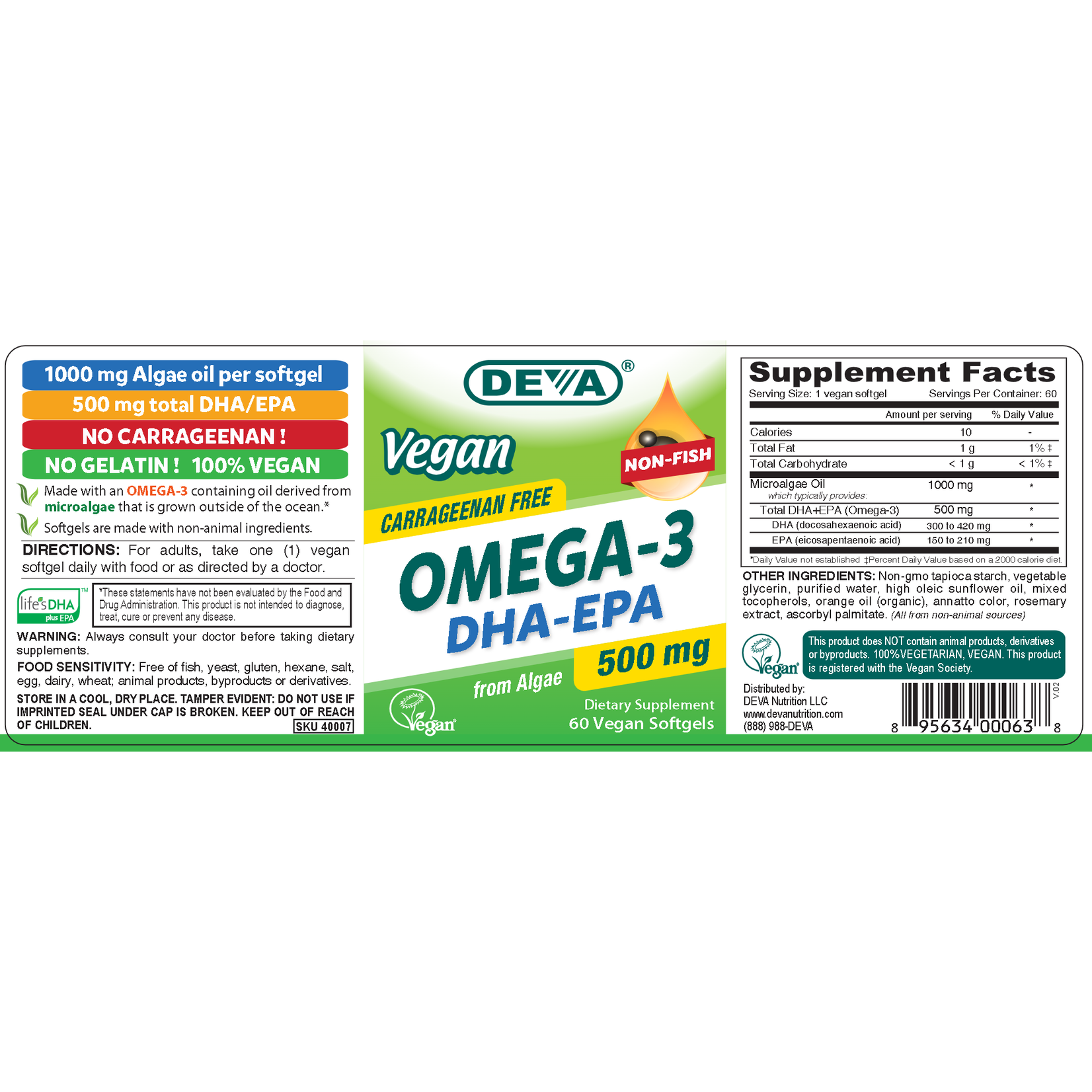 Deva Nutrition LLC Vegan Omega DHA-EPA 500mg 60sg Deva Nutrition