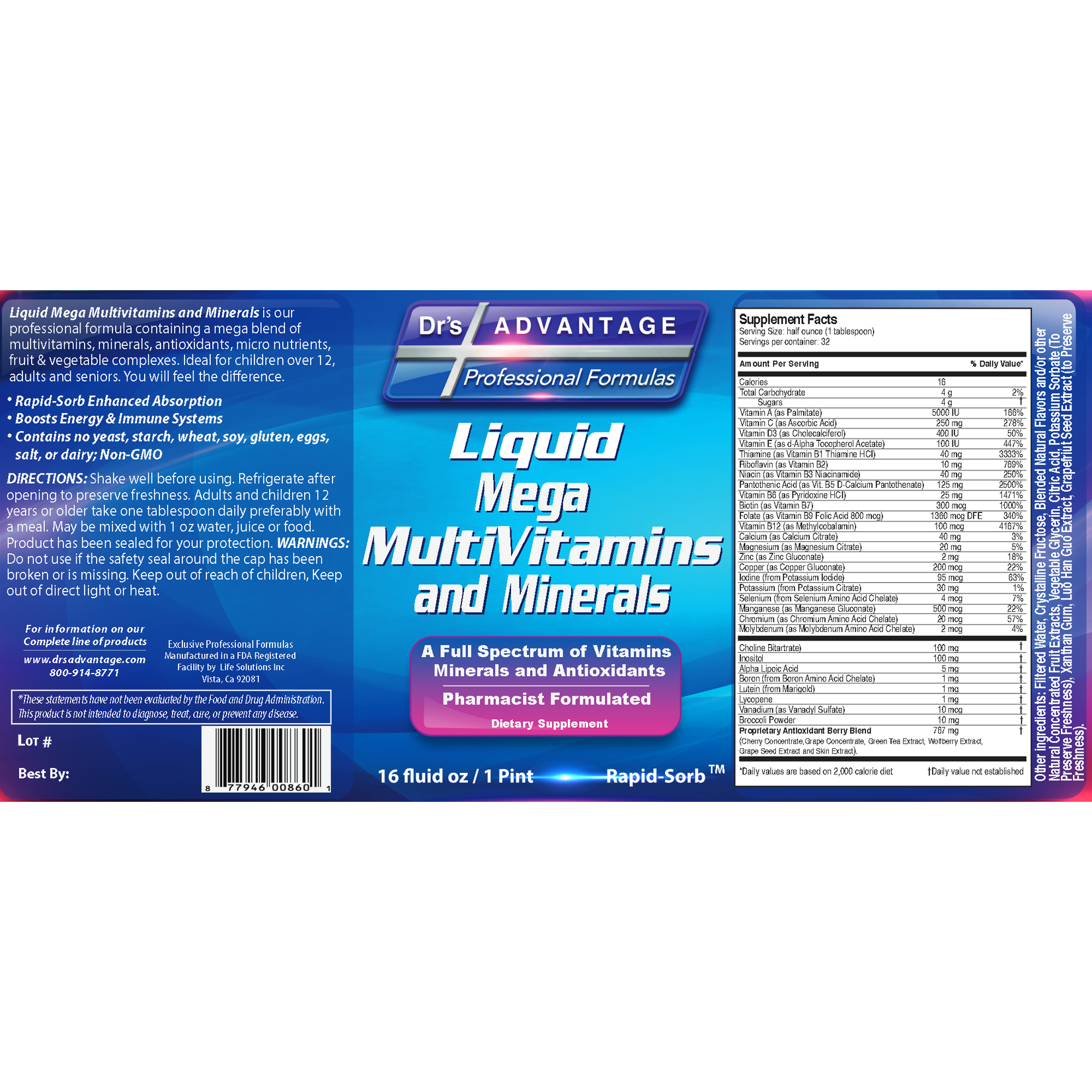 Dr's Advantage Liquid Mega MultiVitamins and Minerals 16oz Dr.'s Advantage