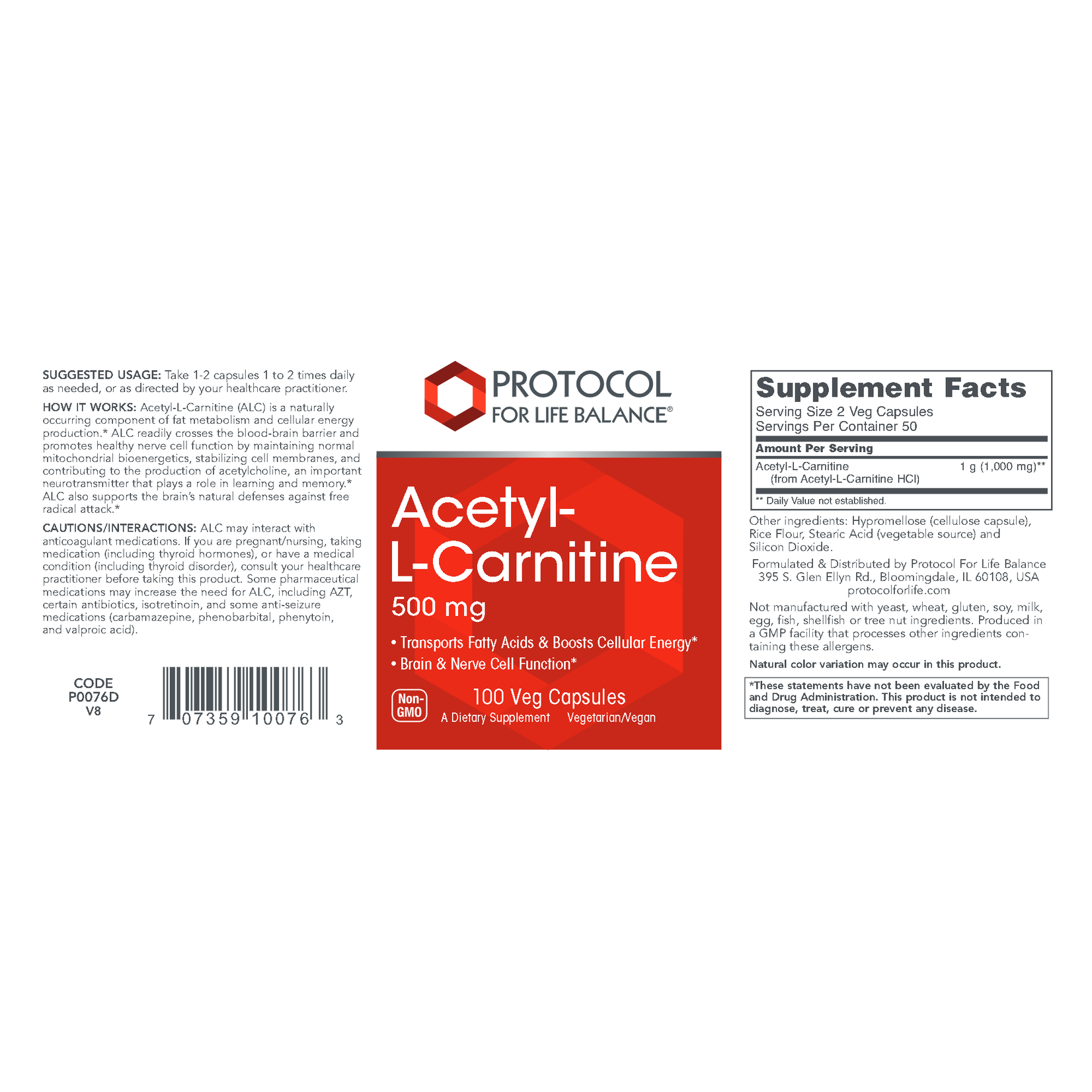 Protocol For Life Acetyl l-Carnitine 500mg 100c Protocol