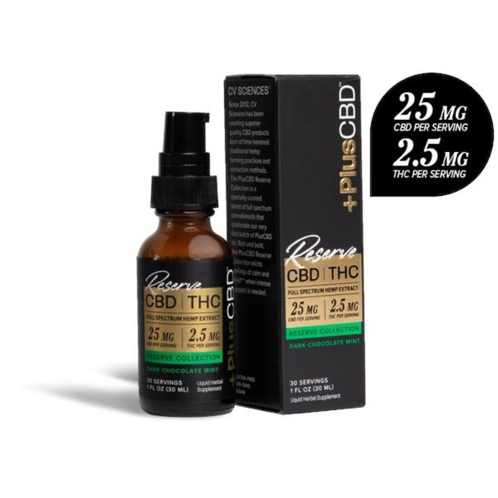CV Sciences CBD | THC Plus Reserve Chocolate Mint 25mg extract 1 oz  CV Sciences