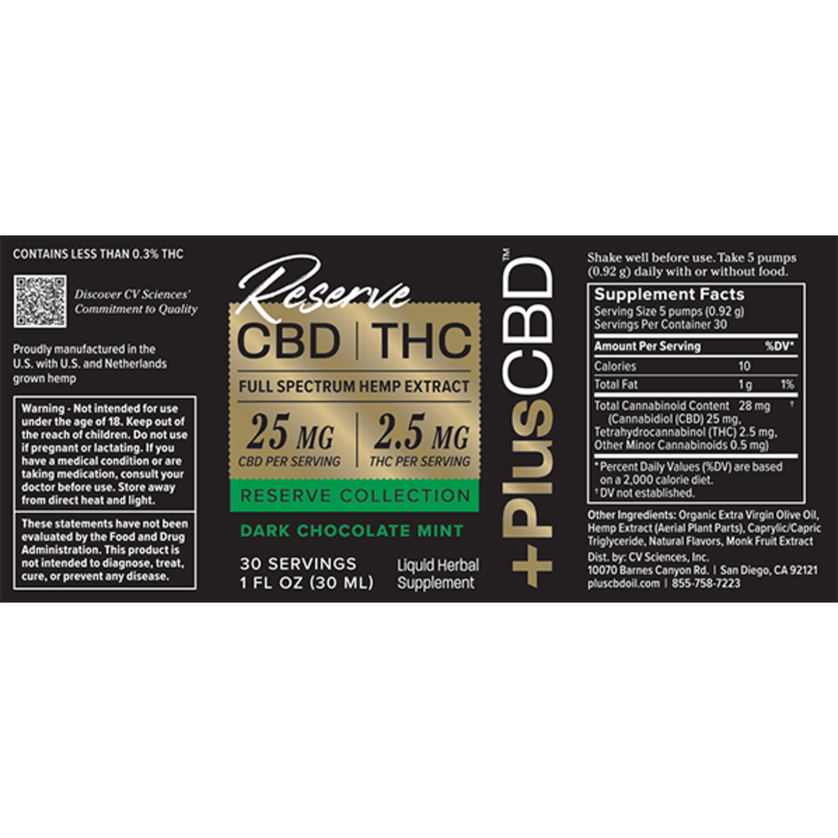 CV Sciences CBD | THC Plus Reserve Chocolate Mint 25mg extract 1 oz  CV Sciences