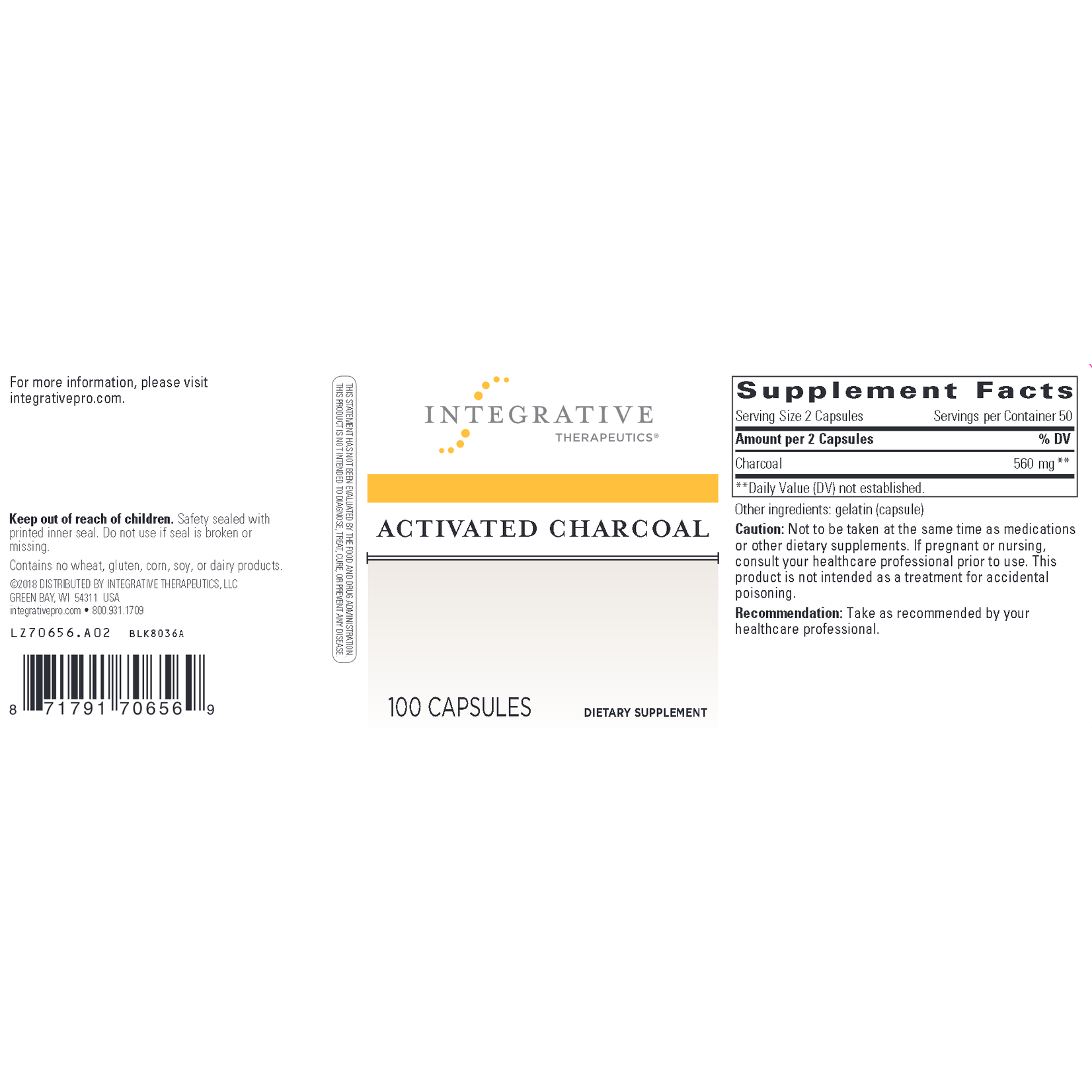 Integrative Therapeutics Activated Charcoal 280mg 100c Integrative Therapeutics