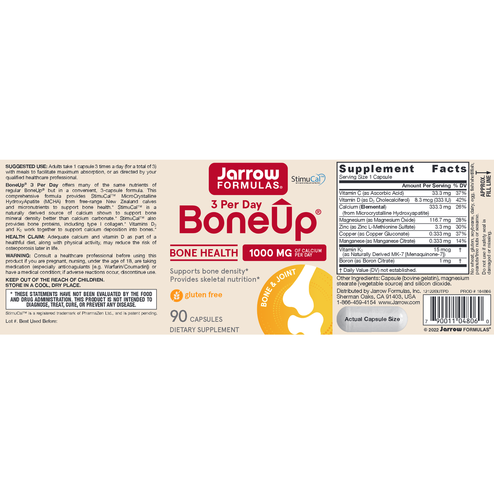 Jarrow Formulas Bone-Up Three Per Day 1000 mg 90c Jarrow