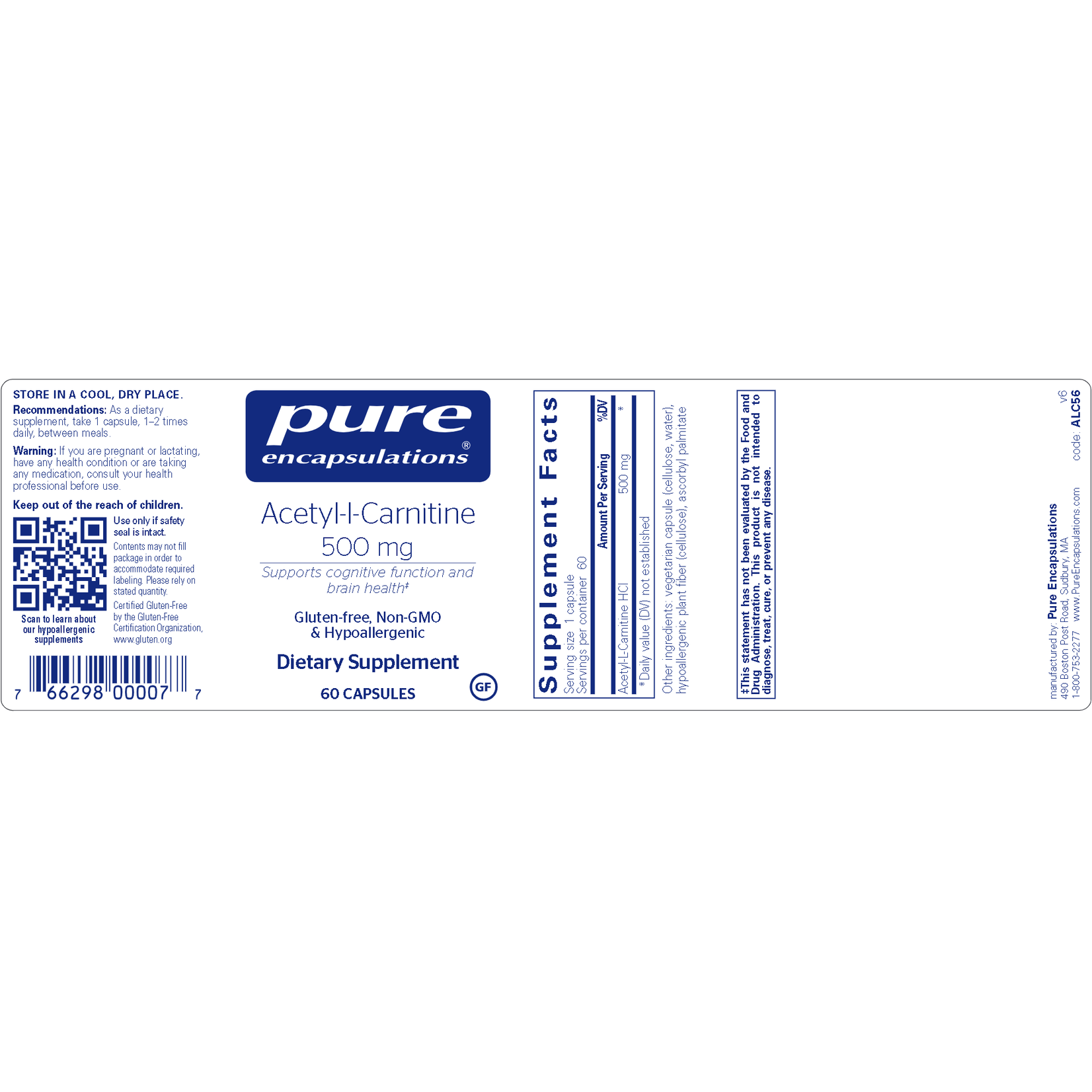Pure Encapsulations Acetyl-l-Carnitine 500mg 60c Pure Encapsulations