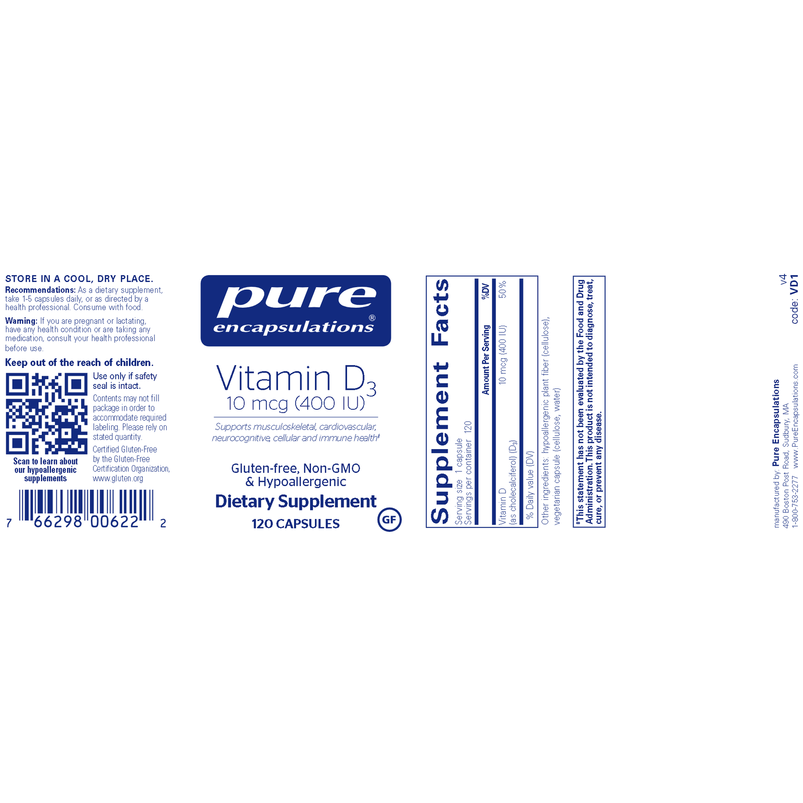 Pure Encapsulations Vitamin D3 400IU 120c Pure Encapsulations