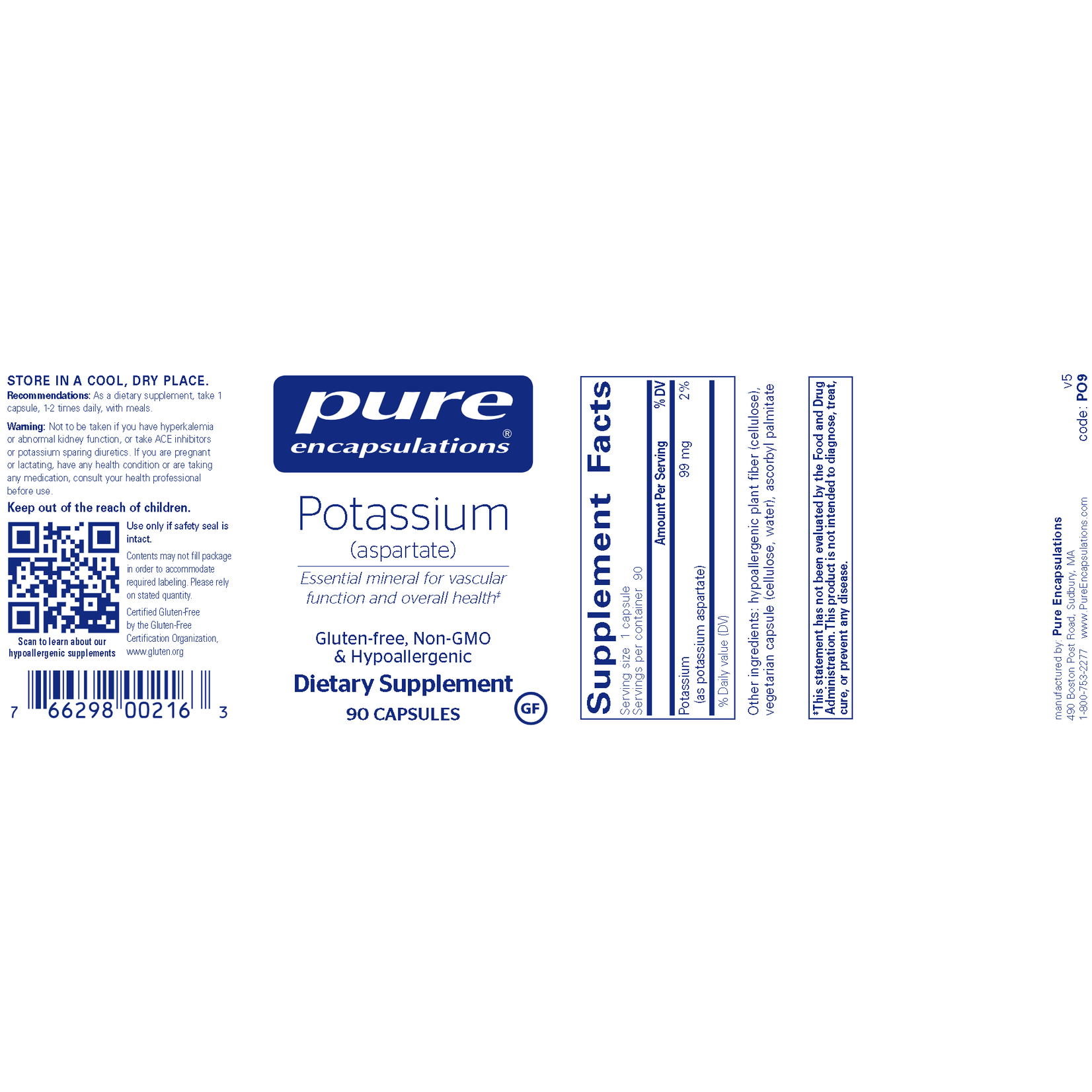 Pure Encapsulations Potassium (aspartate) 99mg 90c Pure Encapsulations