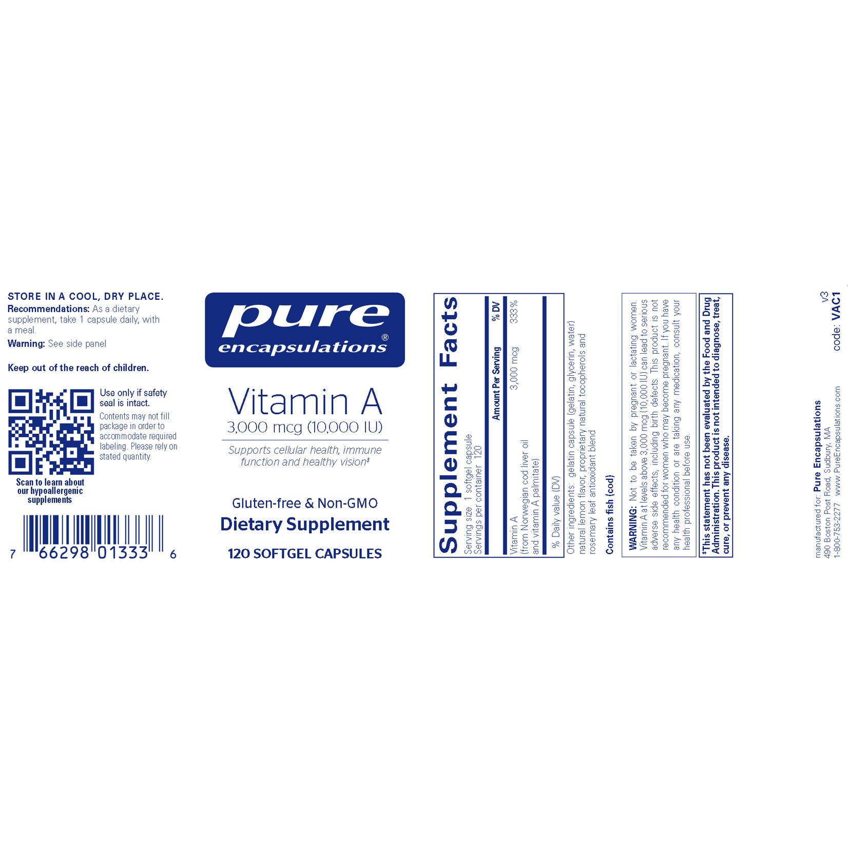 Pure Encapsulations Vitamin A 10,000IU(3mg) 120c Pure Encapsulations