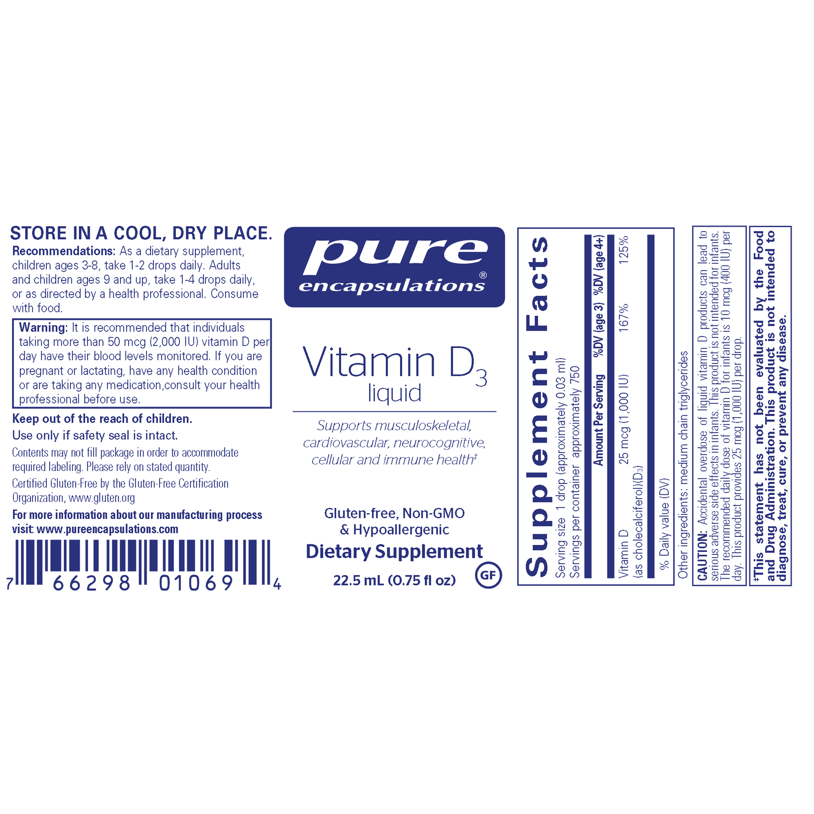 Pure Encapsulations Vitamin D3 Liquid 1,000 IU 22.5mL Pure Encapsulations