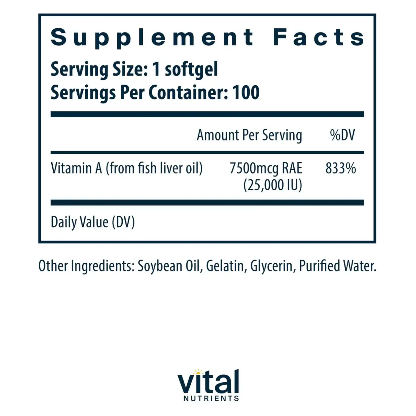 Vital Nutrients Vitamin A 7.5mg (25,000 IU) 100c Vital Nutrients