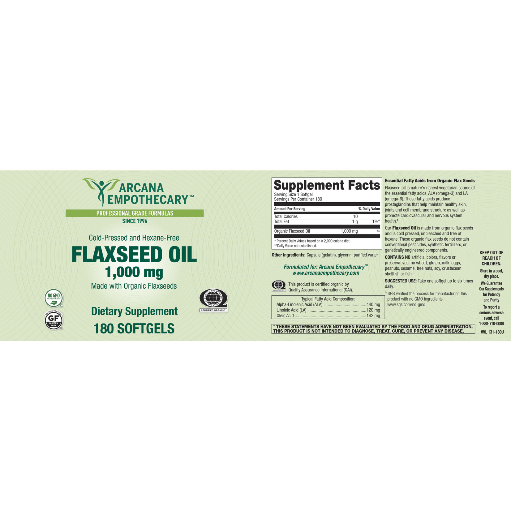 Arcana Empothecary FlaxSeed Oil 1000mg 180 sg Arcana