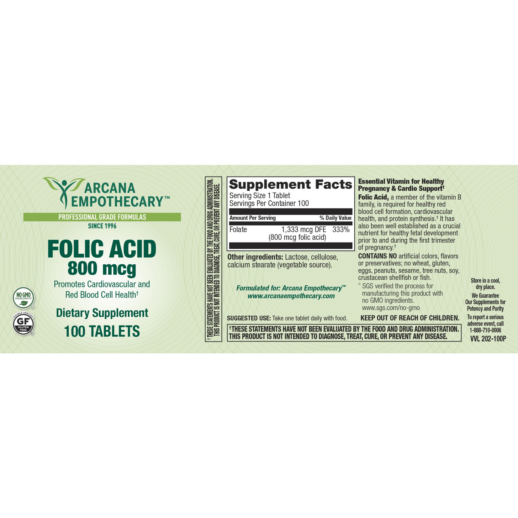 Arcana Empothecary Folic Acid 800mcg 100t Arcana