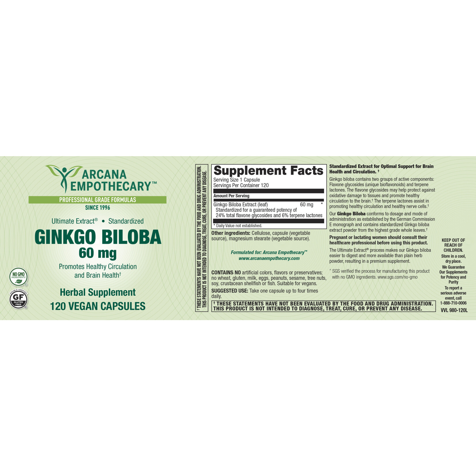 Arcana Empothecary Ginkgo Biloba 60mg 120vc Arcana