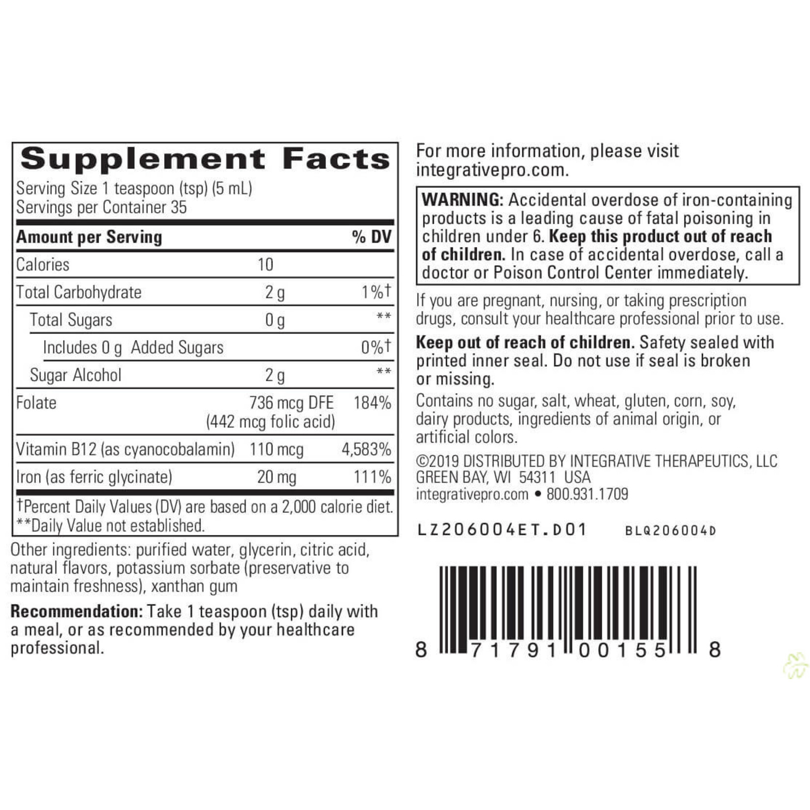 Integrative Therapeutics Liquid Iron 6 oz Apple Cinnamon 20mg 6oz Integrative Therapeutics