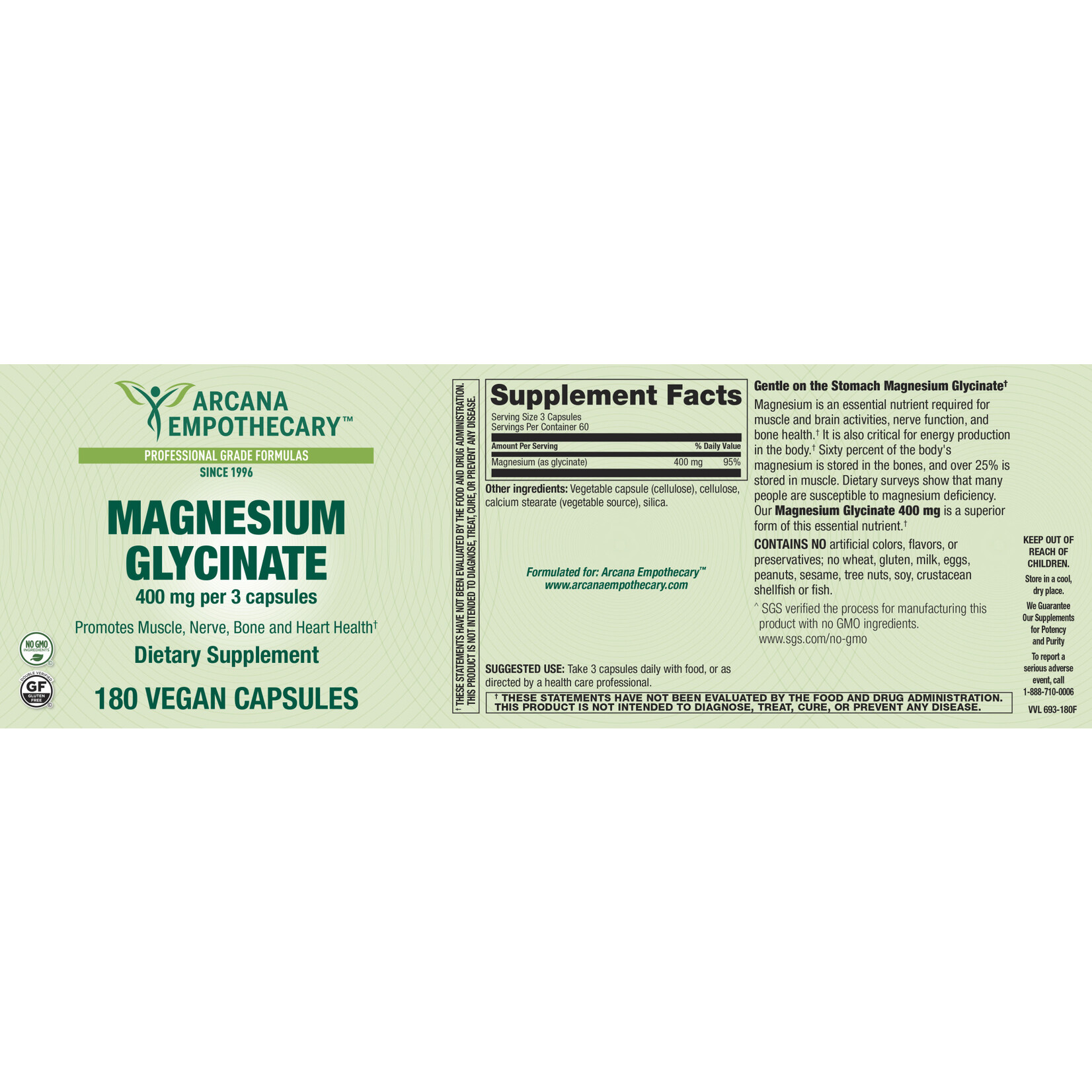 Arcana Empothecary Magnesium Glycinate 400mg 180c Arcana