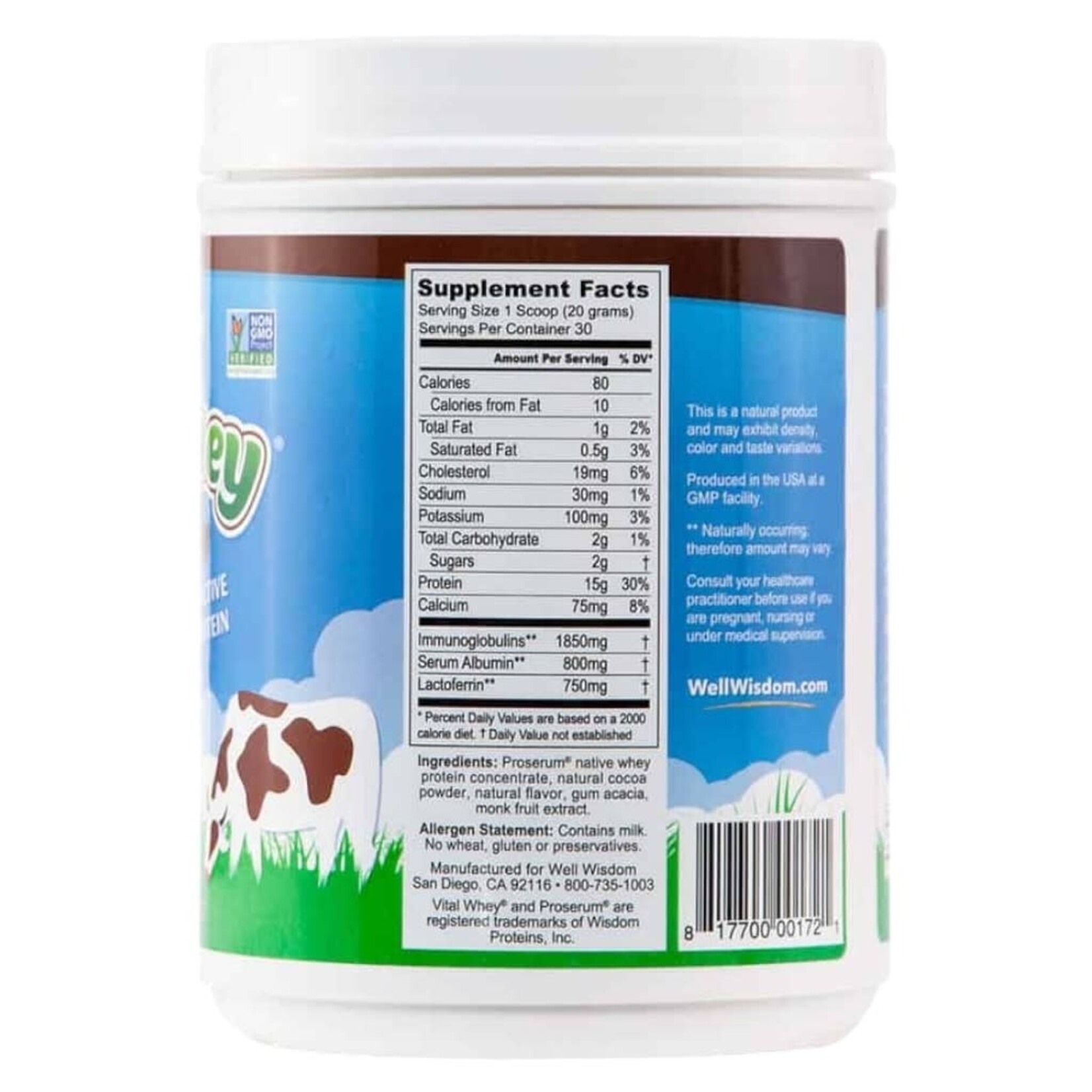 Well Wisdom Vital Whey Natural Cocoa 21 oz 30 servings Well Wisdom