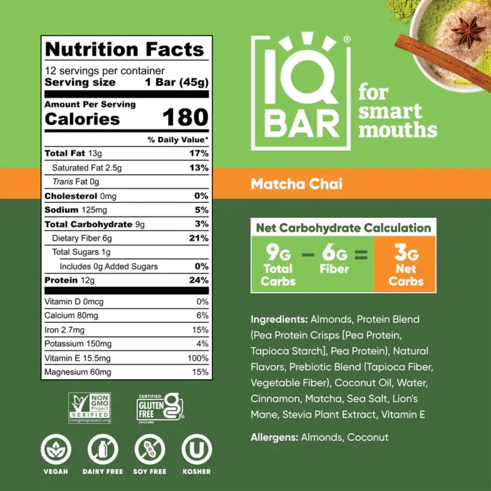 IQ Bar Matcha Chai Box (12 bars) IQ Bar