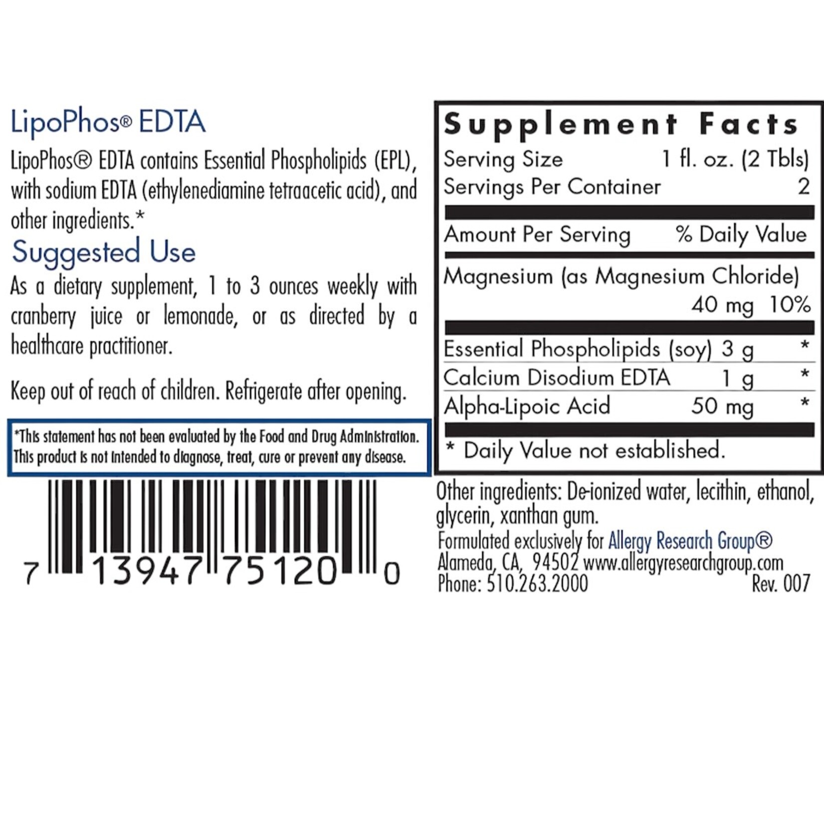 Allergy Research Group LipoPhos EDTA 2 fl oz Allergy Research Group