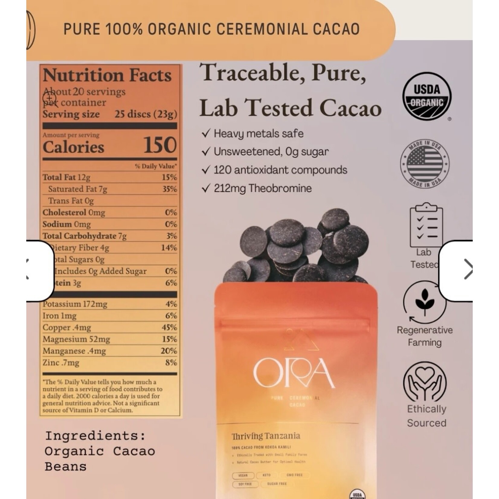 Ora Cacao Thriving Tanzania 100% Cacao 8oz Ora Cacao