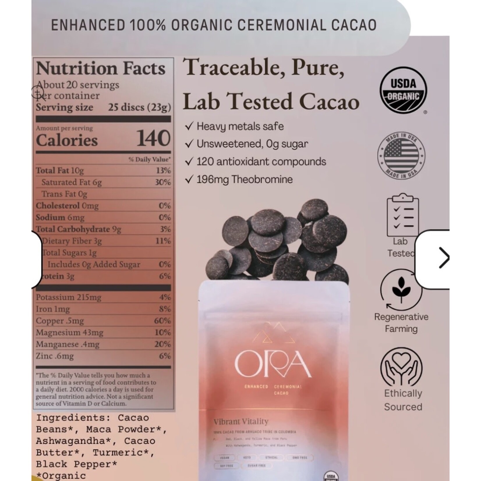 Ora Cacao Vibrant Vitality Cacao - Organic Ceremonial Chocolate 8oz Ora Cacao