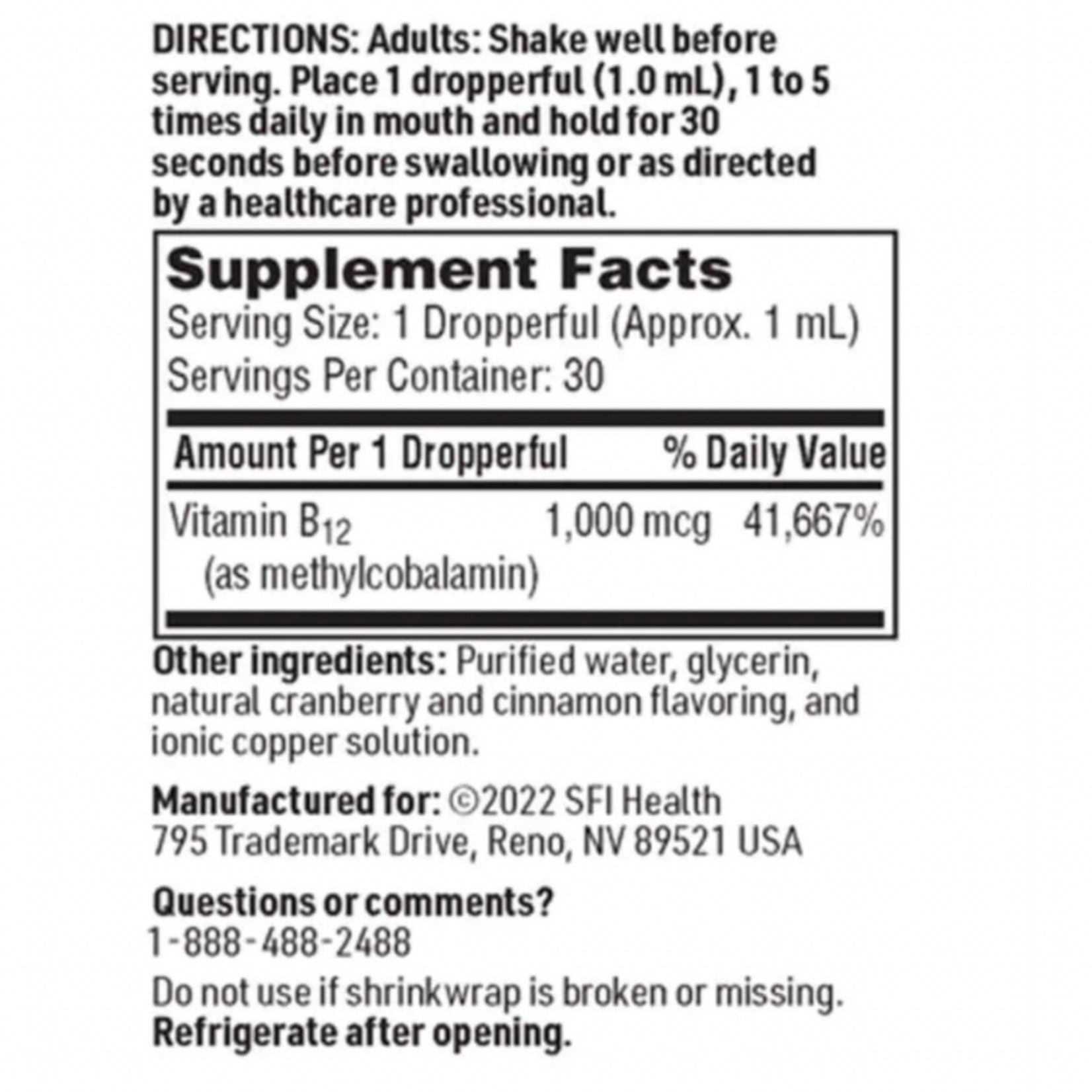 SFI Health (formerly Klaire Labs) B12 Liquid 1mg (methylcobalamin) Klaire Labs SFI
