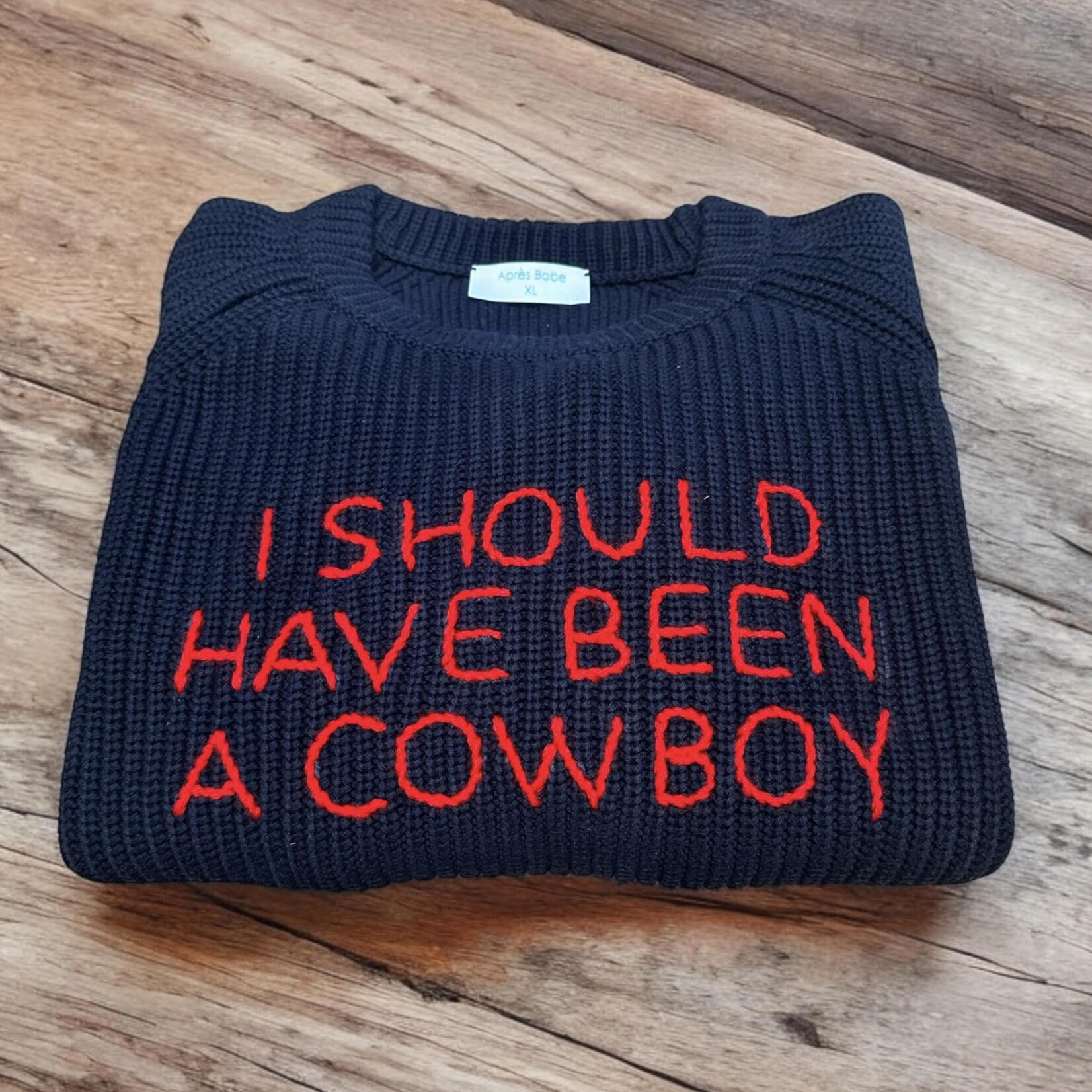 Après Babe Ribbed Cotton "I Should Have Been a Cowboy " Crew Neck Sweater