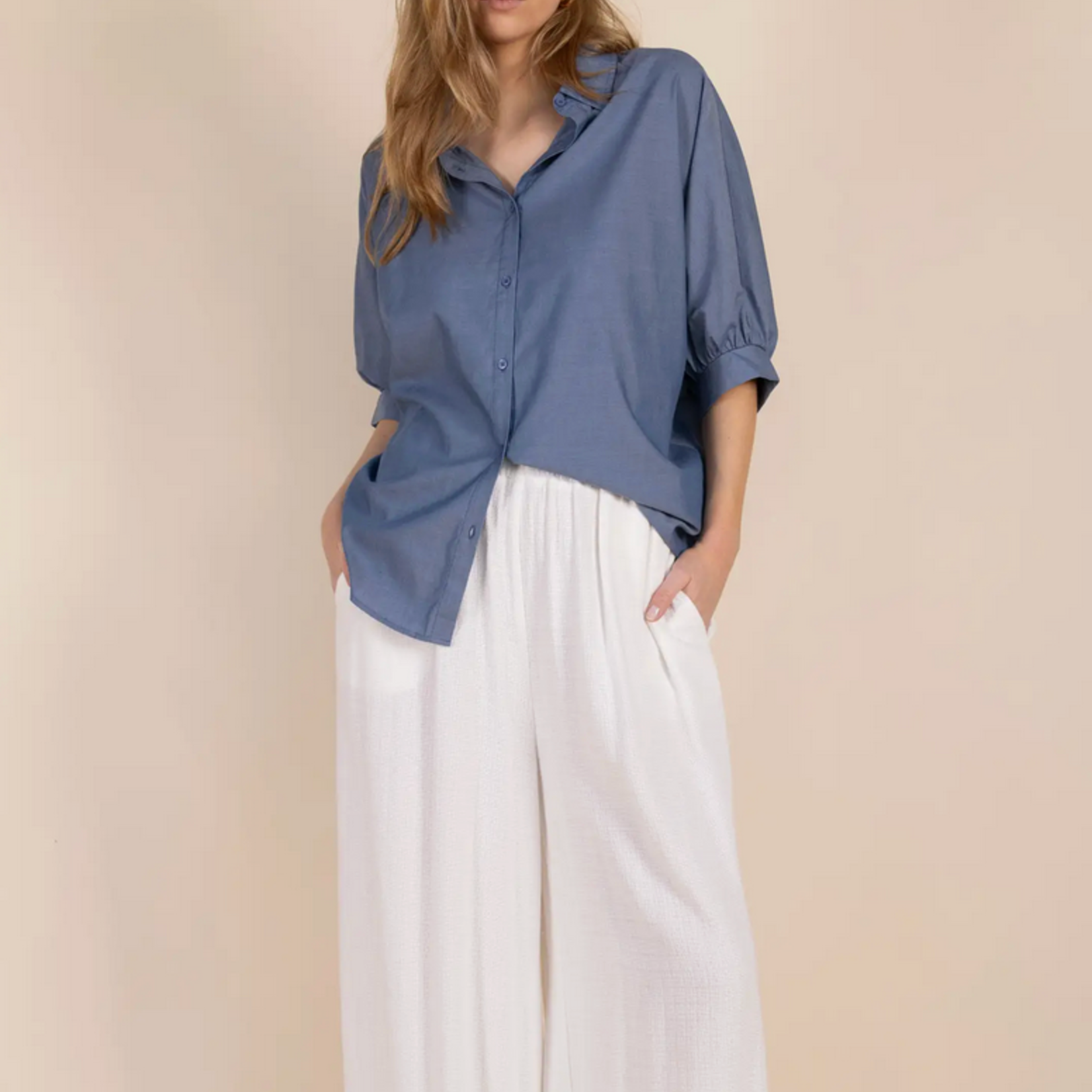P. Cill Oversized 3/4 Sleeve Button Up Top