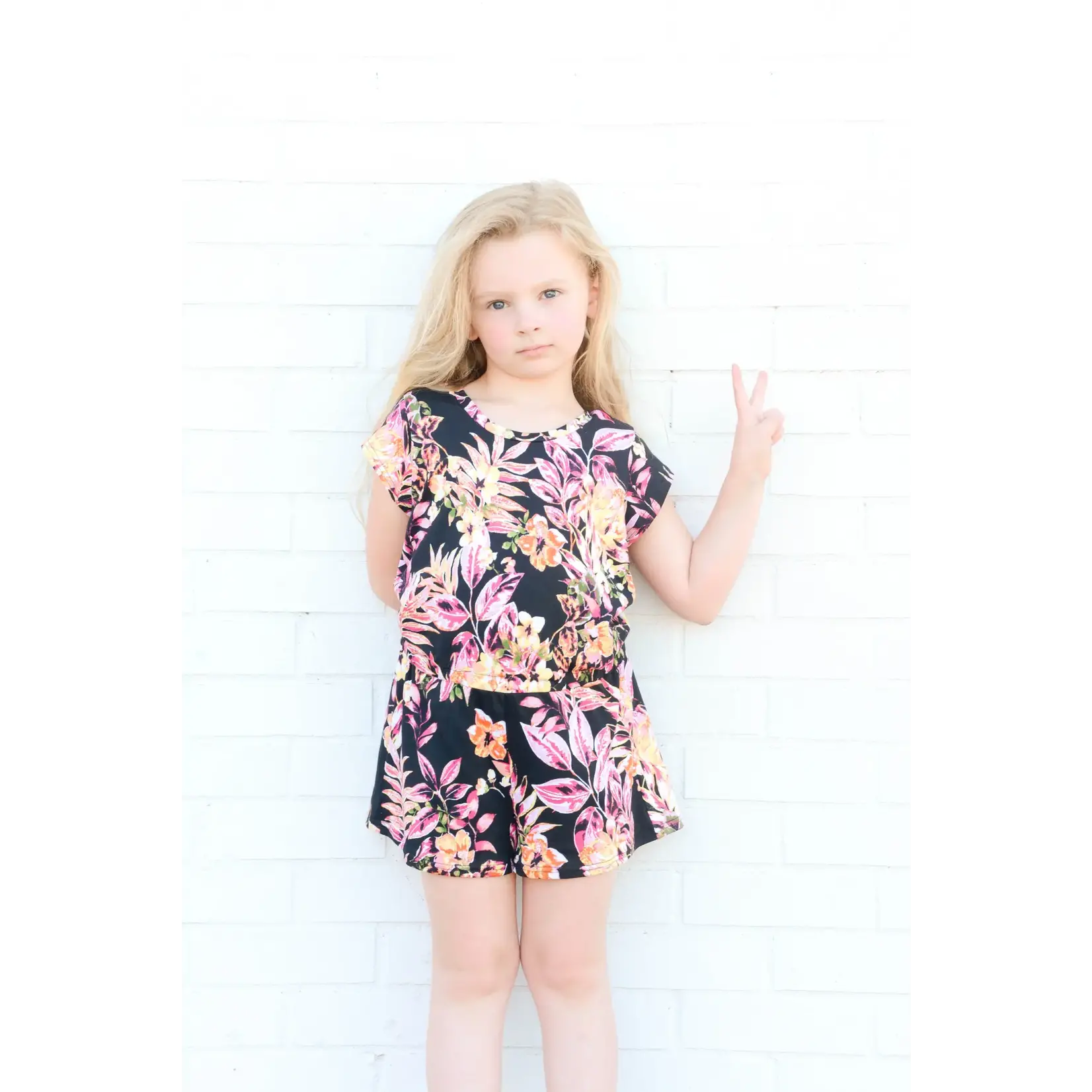 Landy Lou and Devie Too Black Tropical Floral Romper