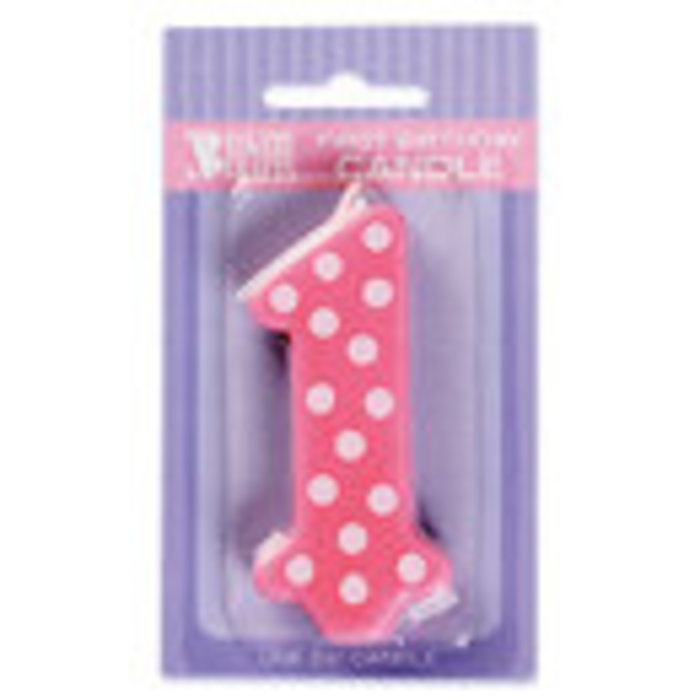 Number One Candle Pink with White Polka Dots