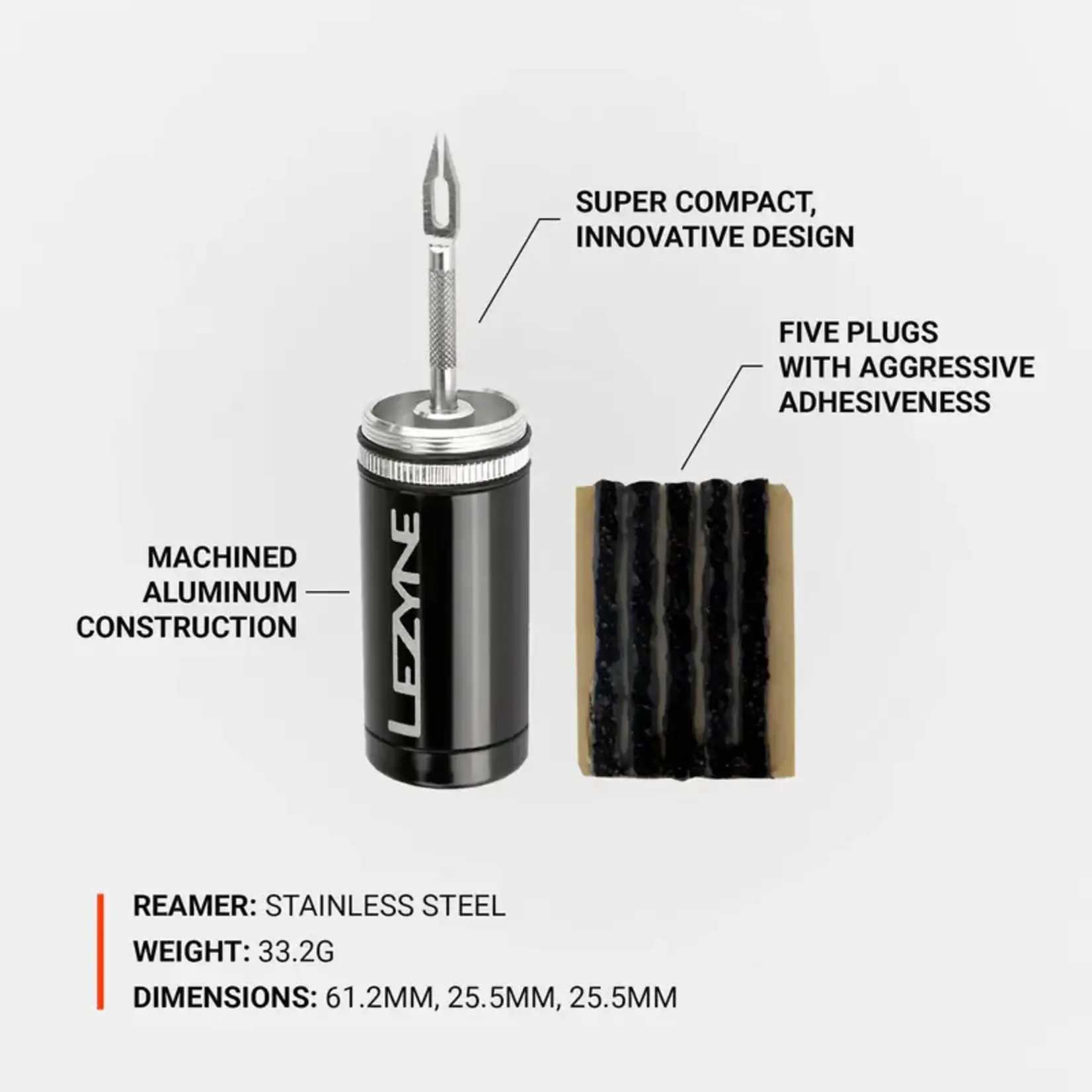 Lezyne, Tubeless Kit, Tubeless repair kit, includes alloy tool and 5 plugs