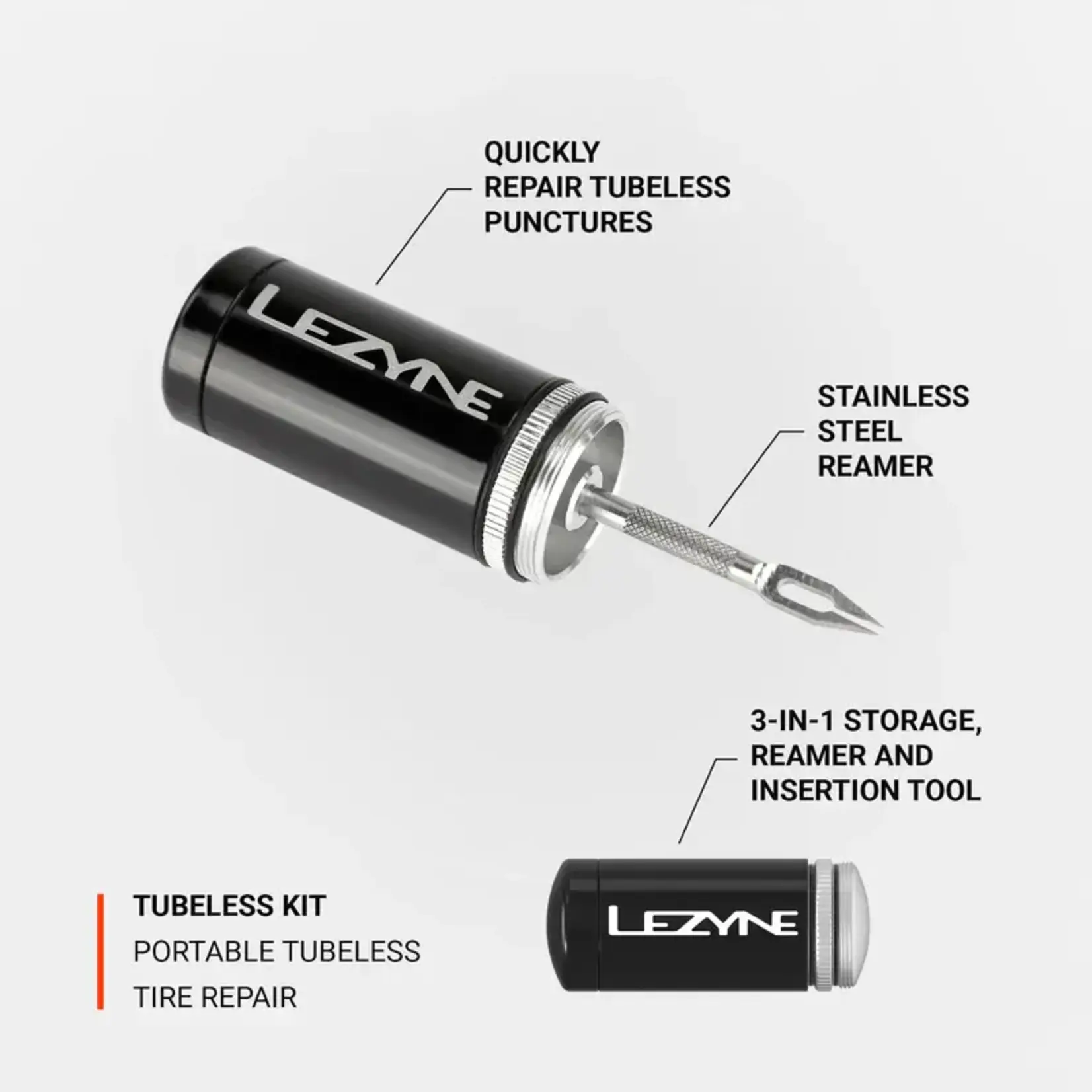 Lezyne, Tubeless Kit, Tubeless repair kit, includes alloy tool and 5 plugs