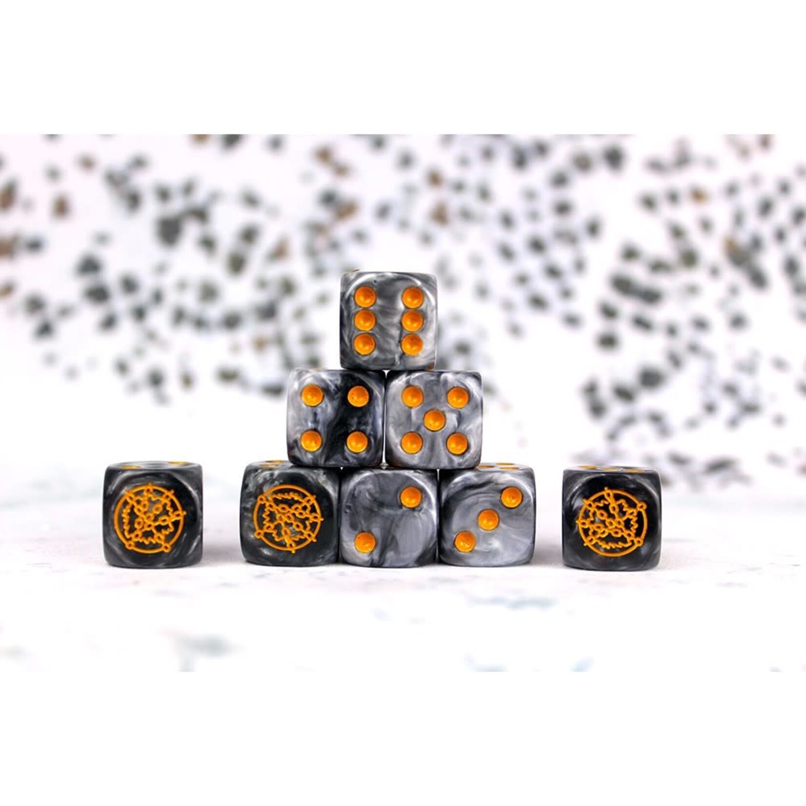 Conquest Dweghom Faction Dice on Gray swirl Dice