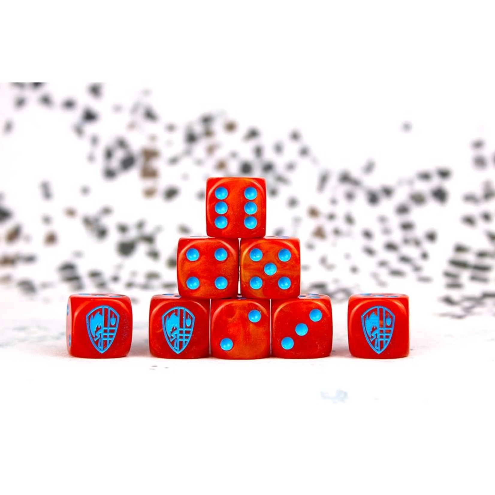 Conquest Hundred Kingdom Faction Dice on Red swirl Dice