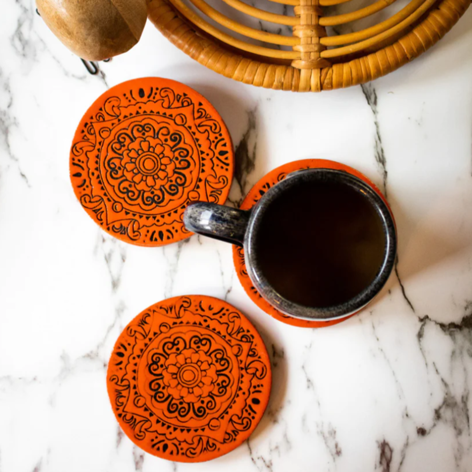 Modest & Co. Orange Mandala Hand-Painted Coaster Set