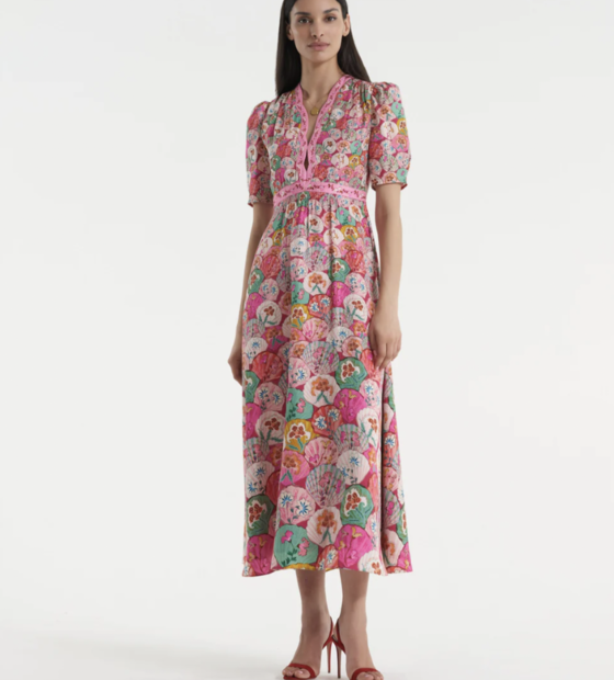 Saloni Tabitha Sea Stamped Satin Dress