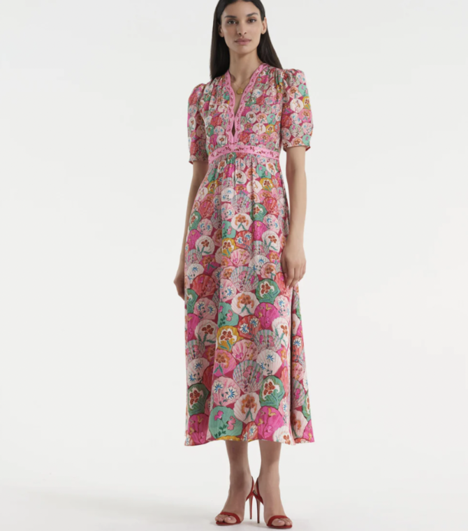 Saloni Tabitha Sea Stamped Satin Dress