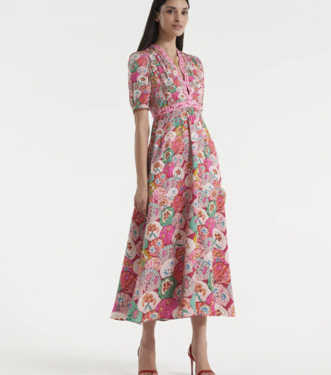 Saloni Tabitha Sea Stamped Satin Dress