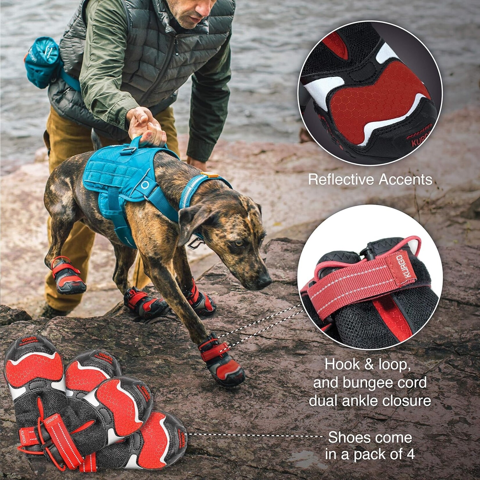 Kurgo Red - Blaze Dog Boots - Reflective, Water Resistant, No-Slip - Kurgo