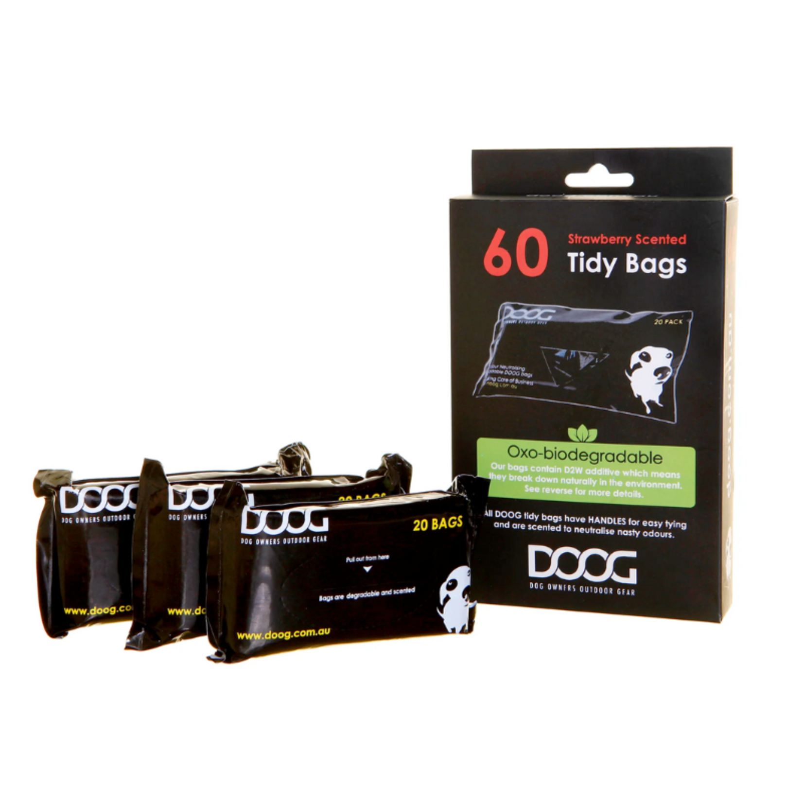 DOOG 60 Bags - Pocket Pack of 20 x 3 - Tidy Poop Bags with Handles - DOOG