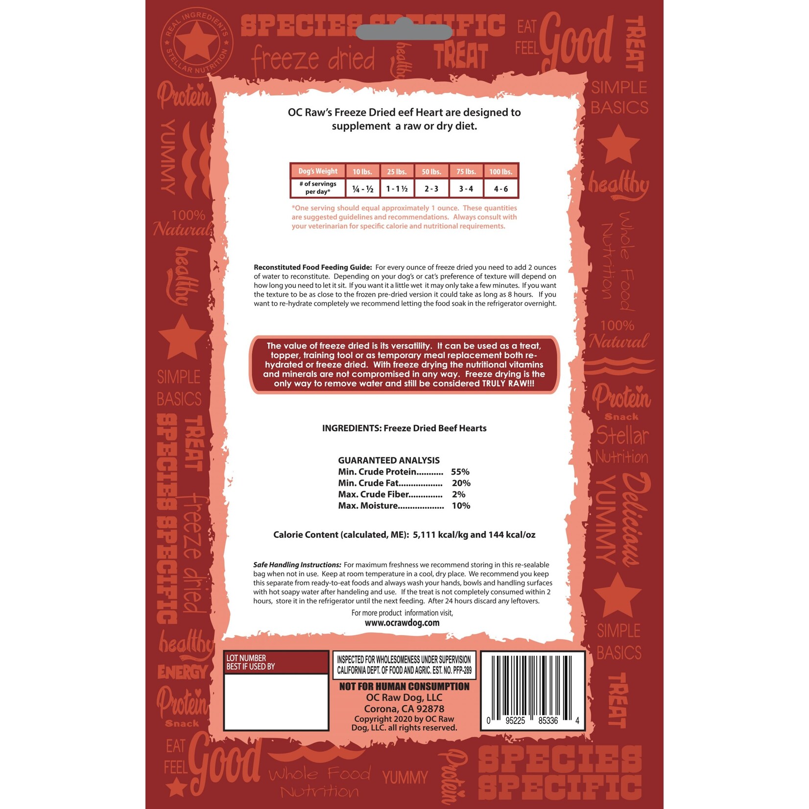 OC Raw Beef Heart - Freeze Dried Treats - OC Raw : 4 oz.