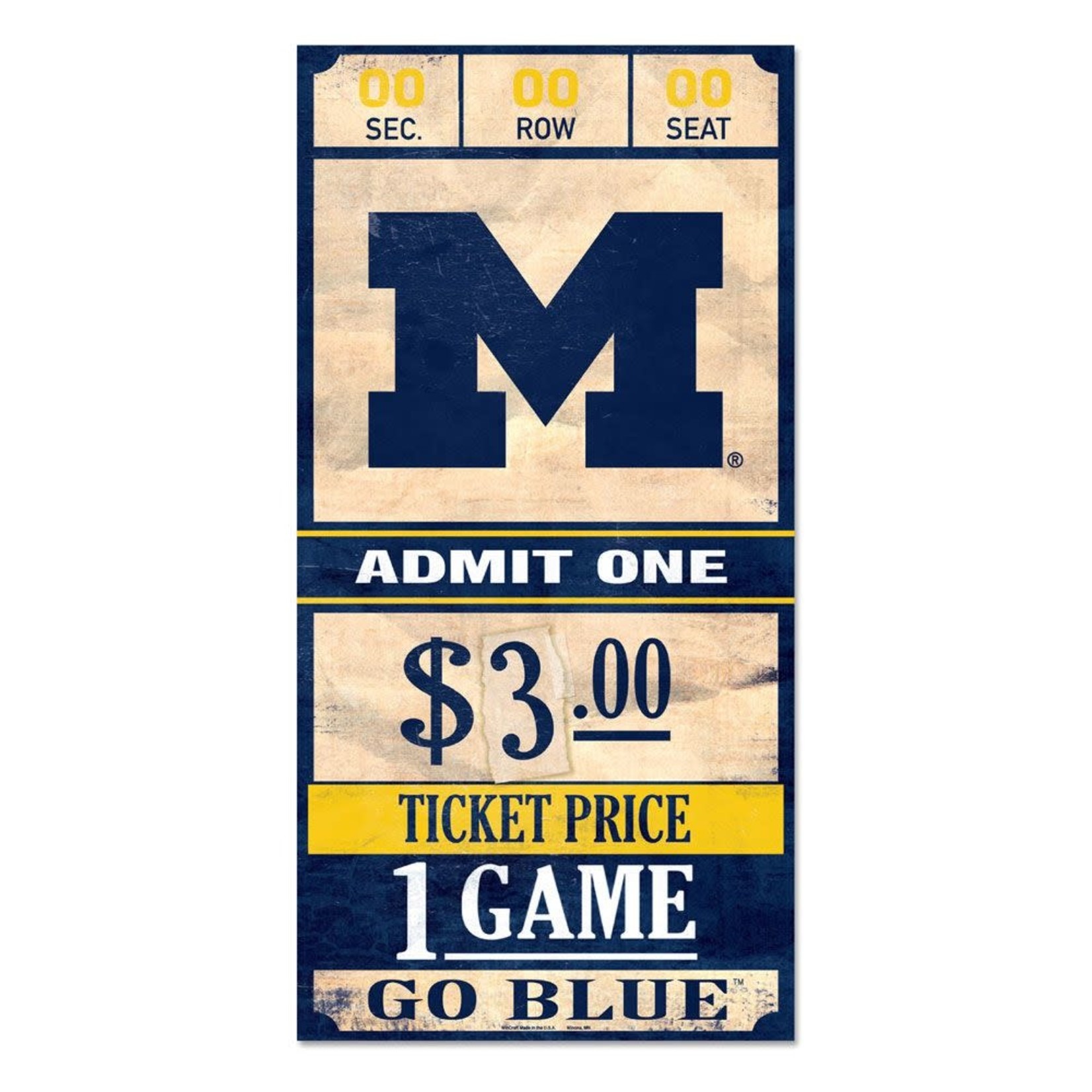 Wincraft NCAA Michigan Wolverines ticket Wood Sign 6x12 3/8" thick