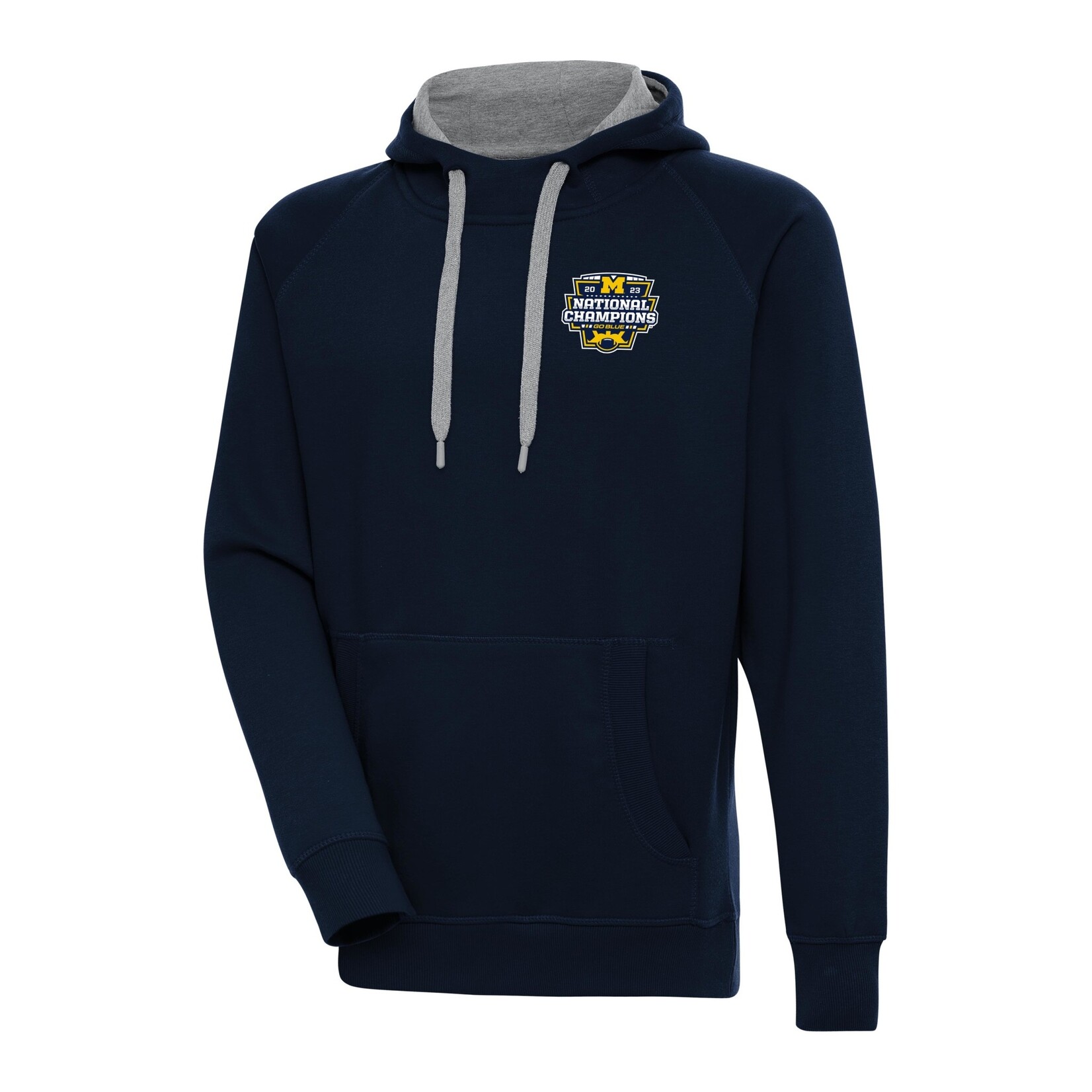 Antigua Michigan Wolverines National Champions 2023 Men's Victory Pullover Hoodie Navy