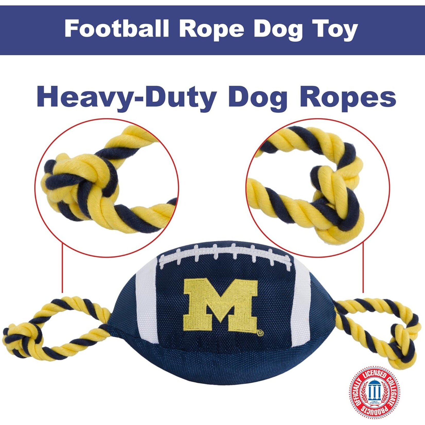 Pets First Inc Michigan Wolverines Nylon Football with Rope Toy