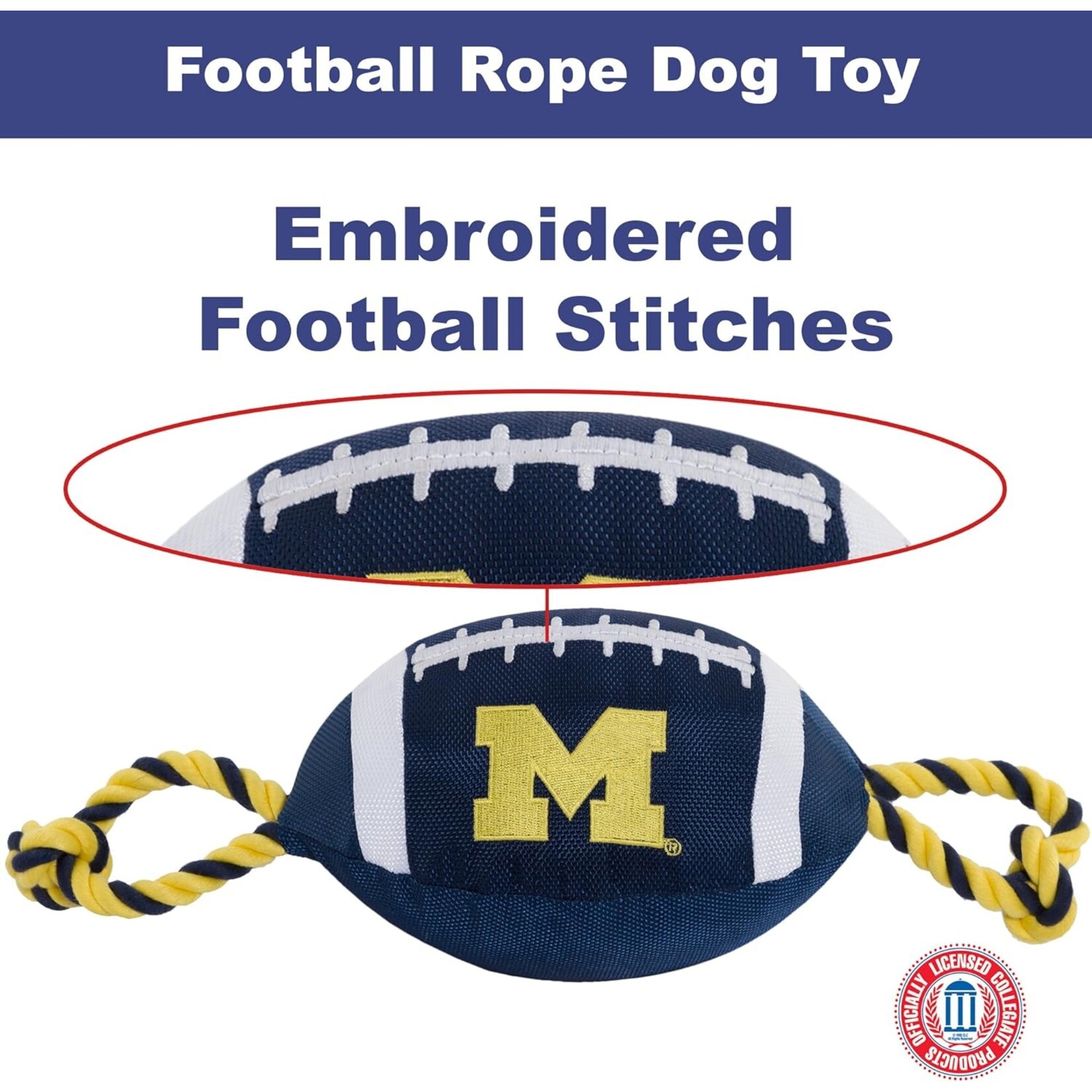 Pets First Inc Michigan Wolverines Nylon Football with Rope Toy