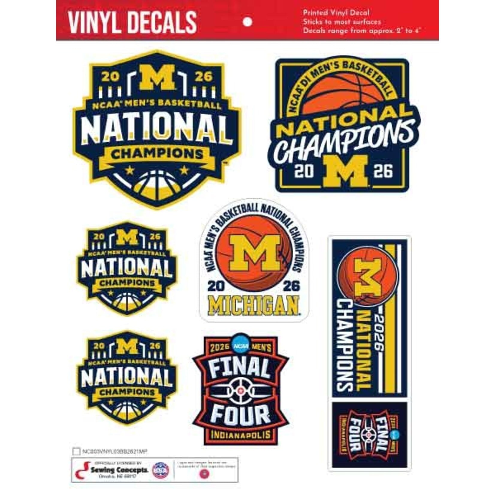 Sewing Concepts Michigan Wolverines 2026 Men's Basketball Champions 8.5" x 11" Decal Sheet