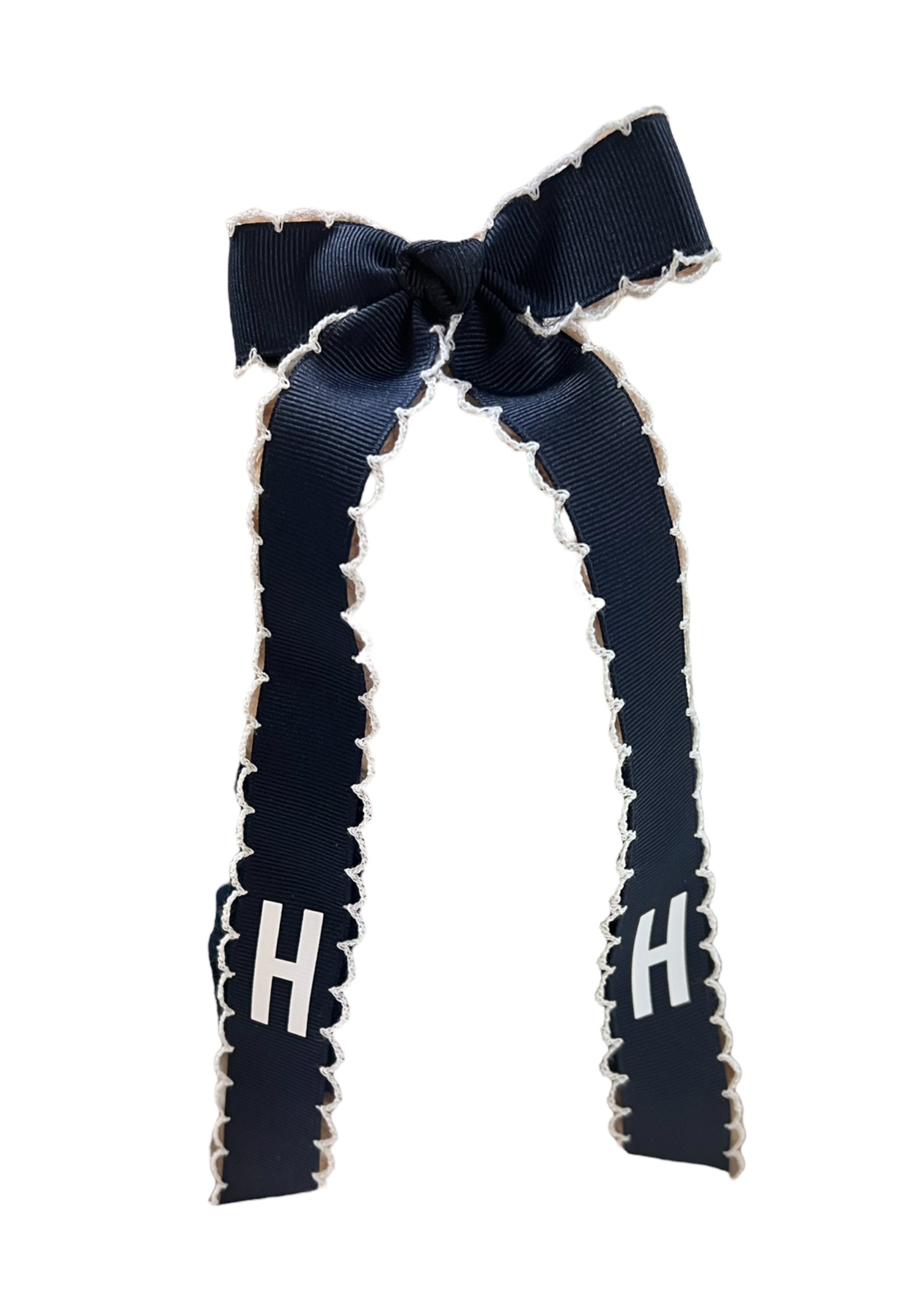 Wee Ones Med Moonstitch Navy Bow w/ White Stitch w/ tails