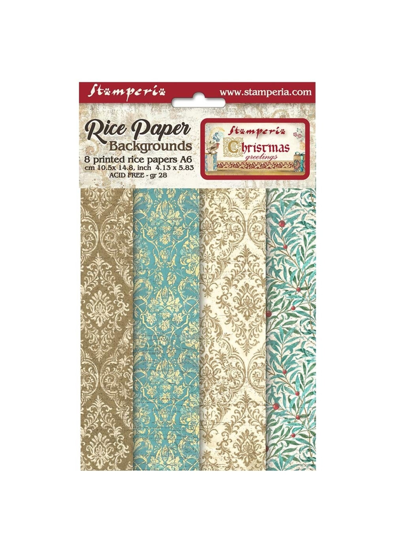 Stamperia A6 Rice Paper Backgrounds, Christmas Greetings