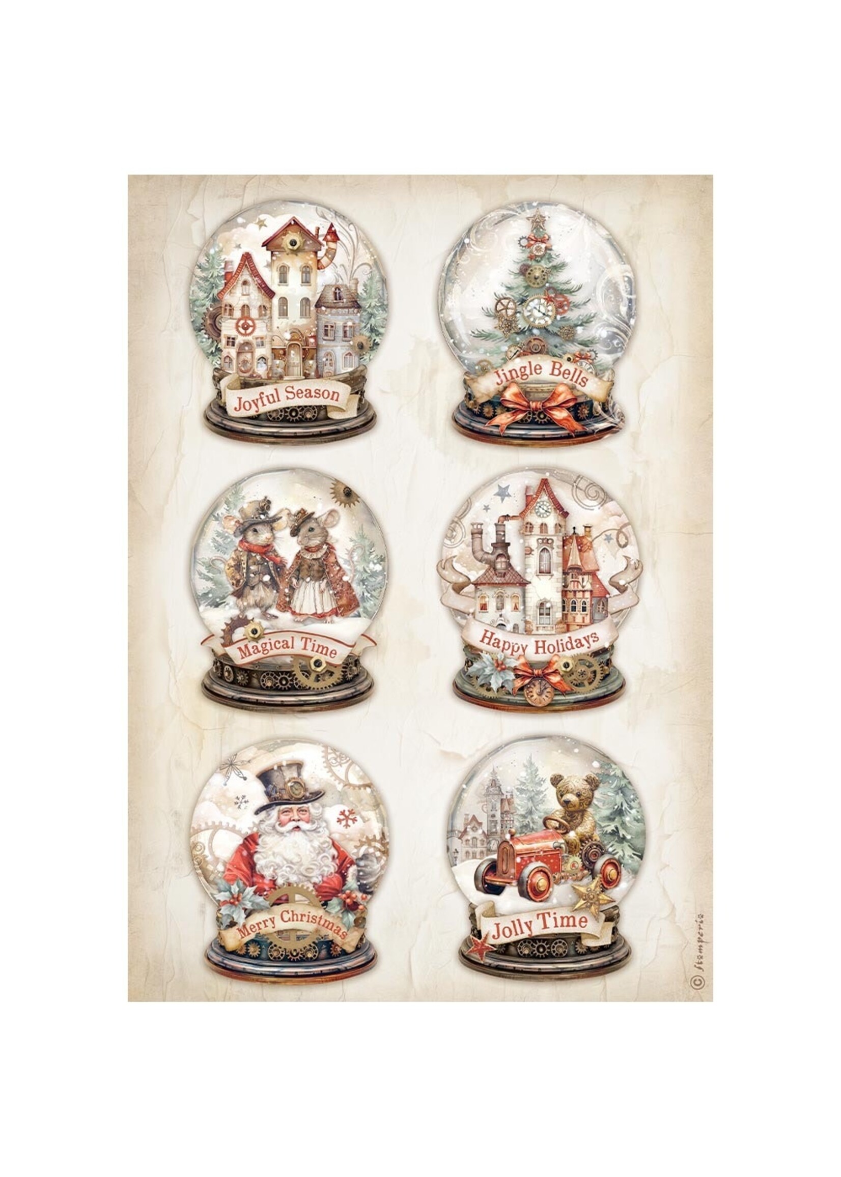 Stamperia A4 Rice Paper Gear up for Christmas, Snowglobes