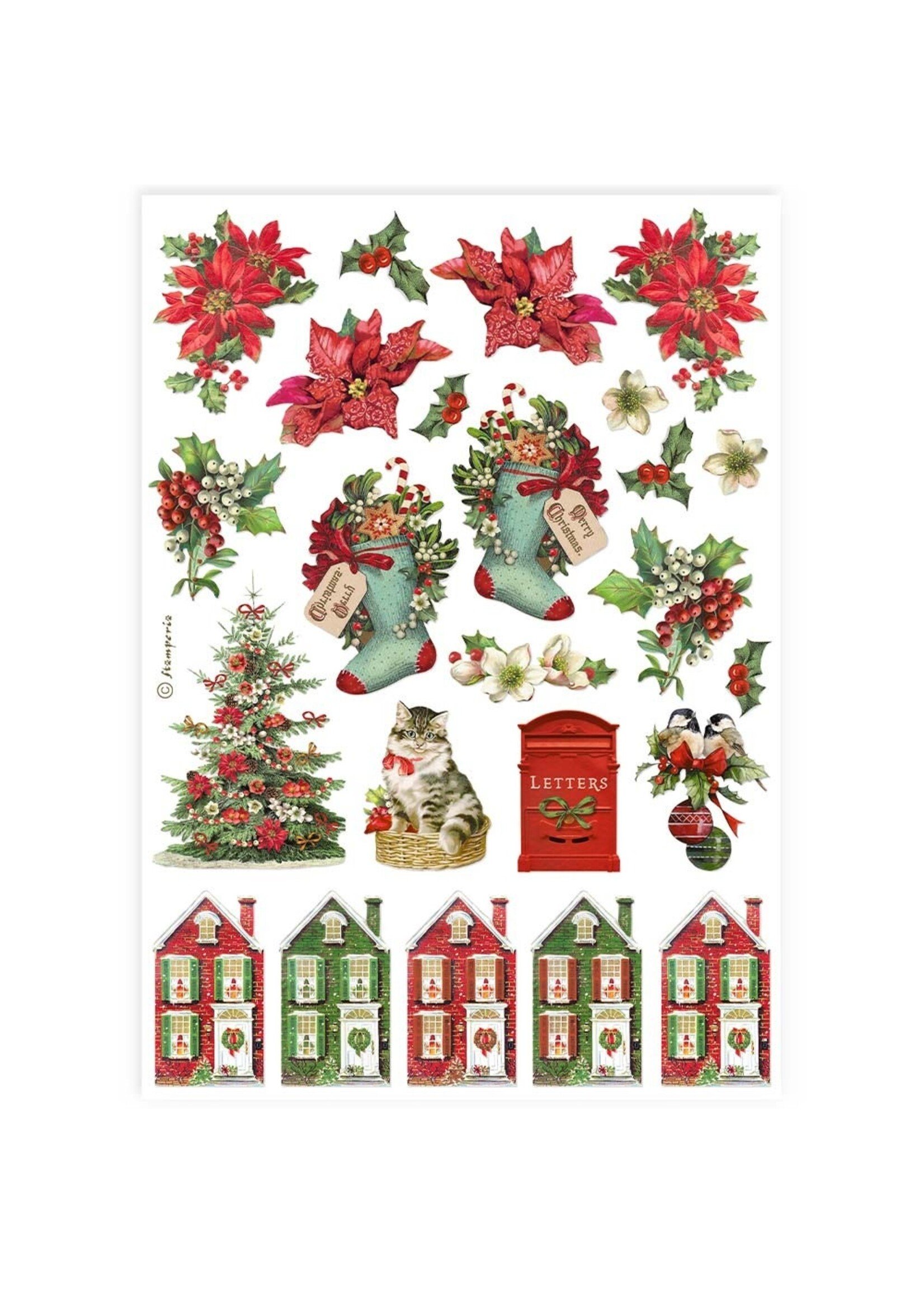 Stamperia A4 Rice Paper Classic Christmas, Socks and Houses